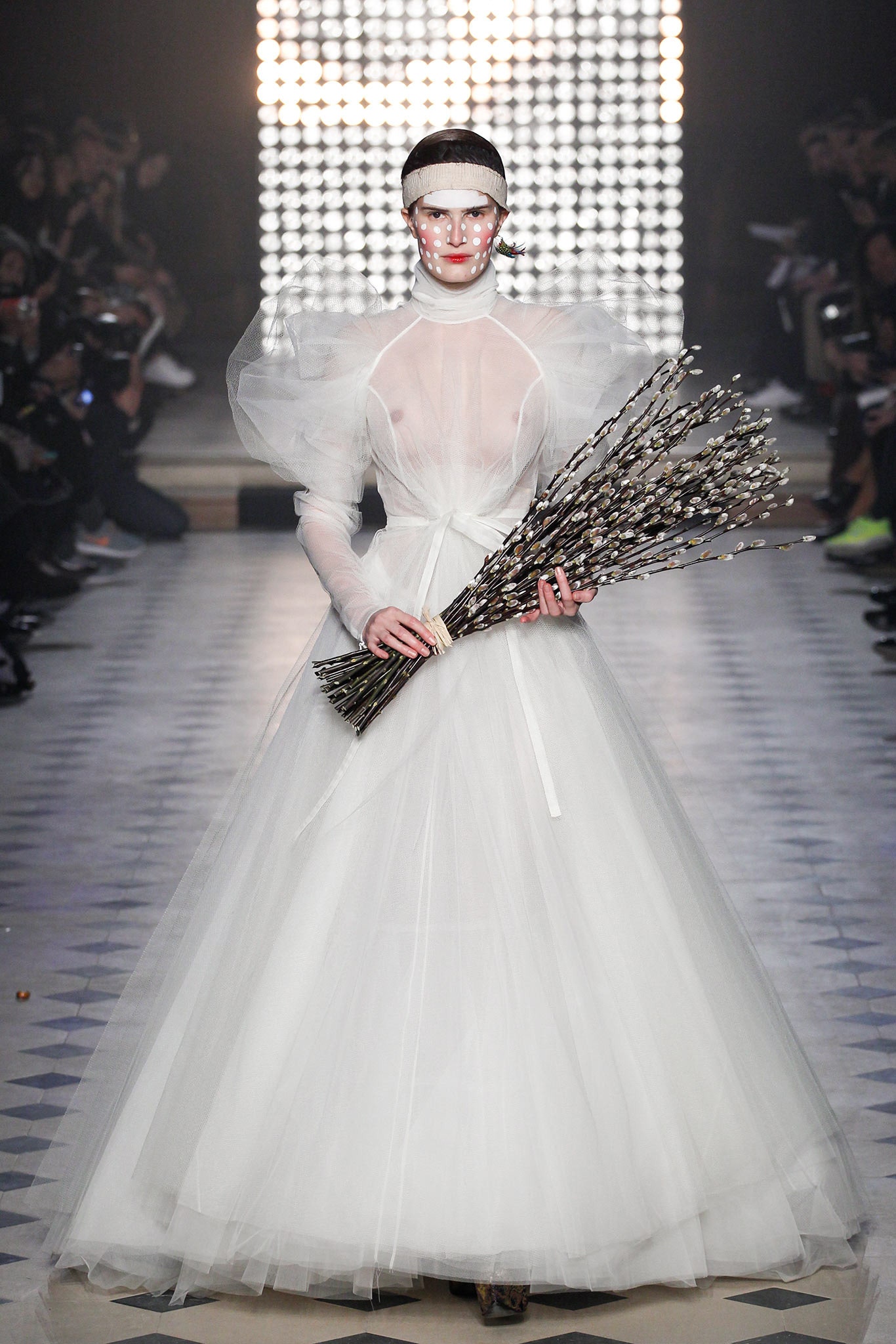 white tulle long-sleeve gown