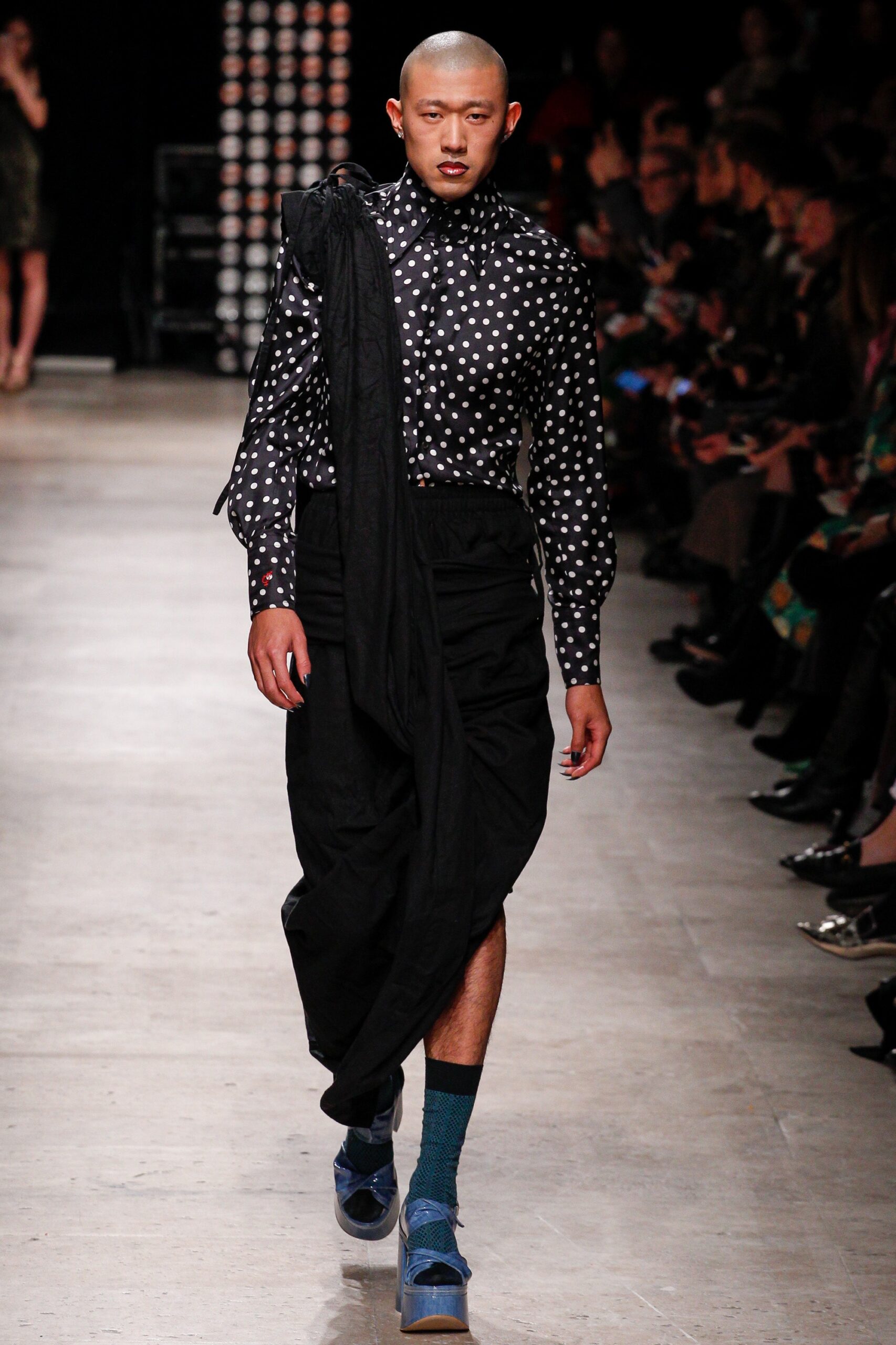 black and white polka-dot shirt with relaxed skirt