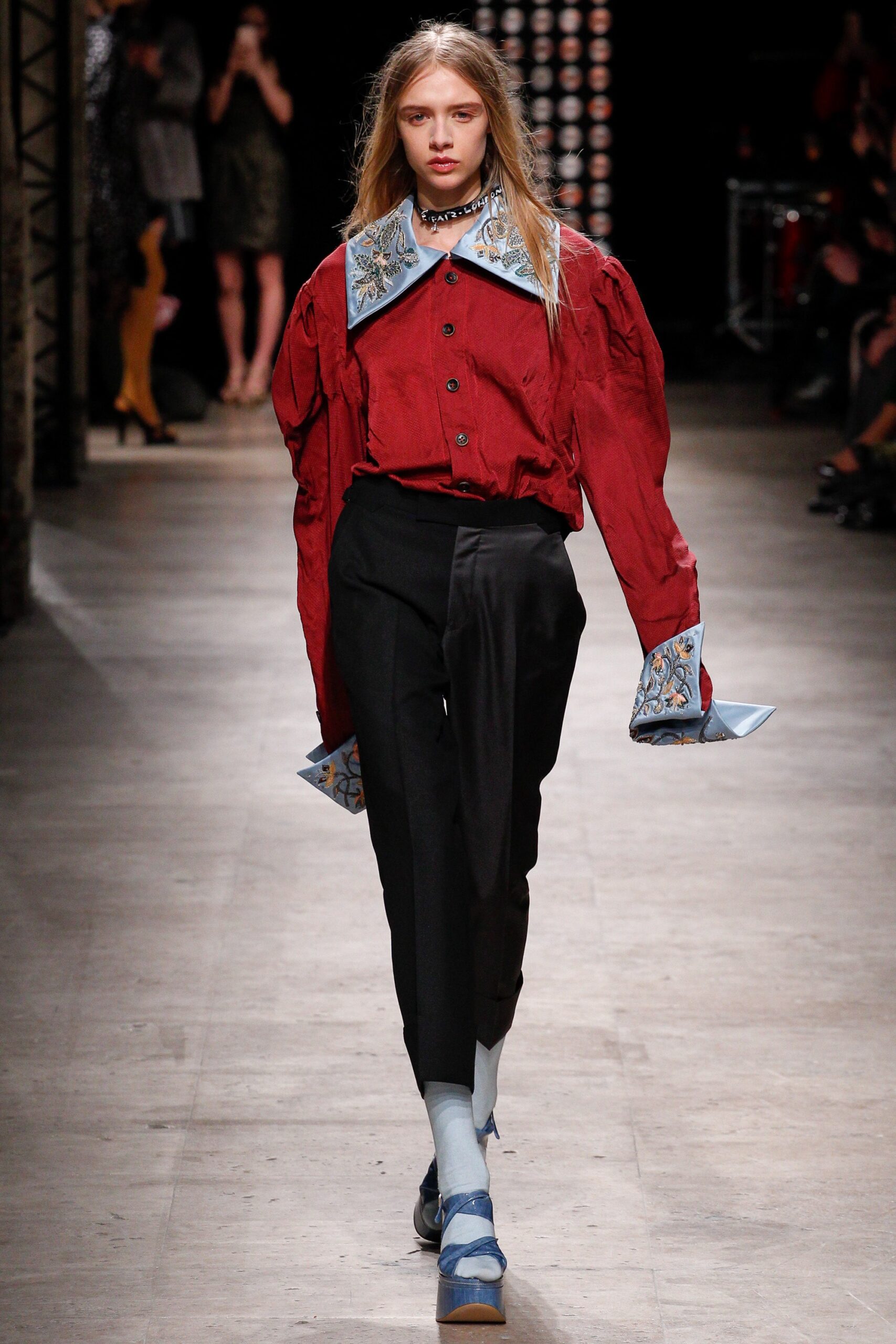 red cotton long-sleeve collared relaxed buttoned embroidered shirt