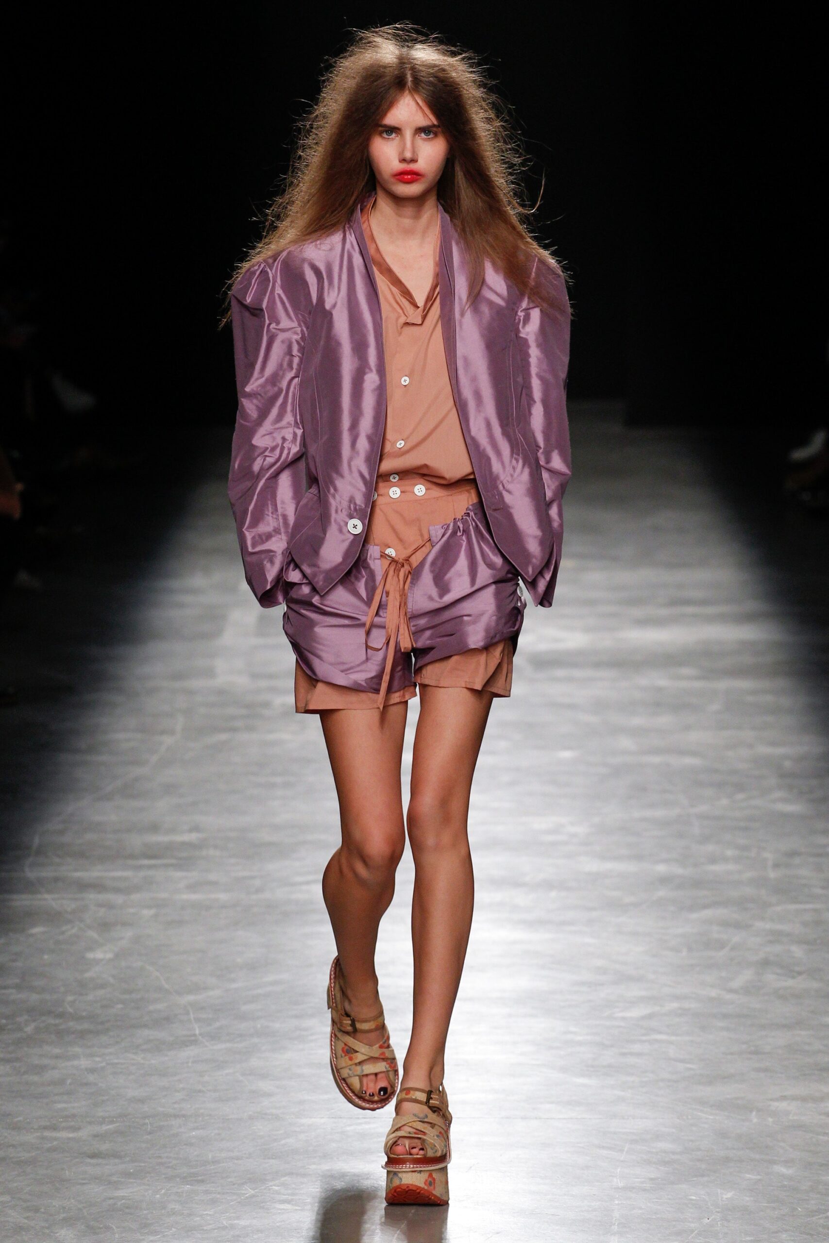 purple silk relaxed jacket with beige shorts