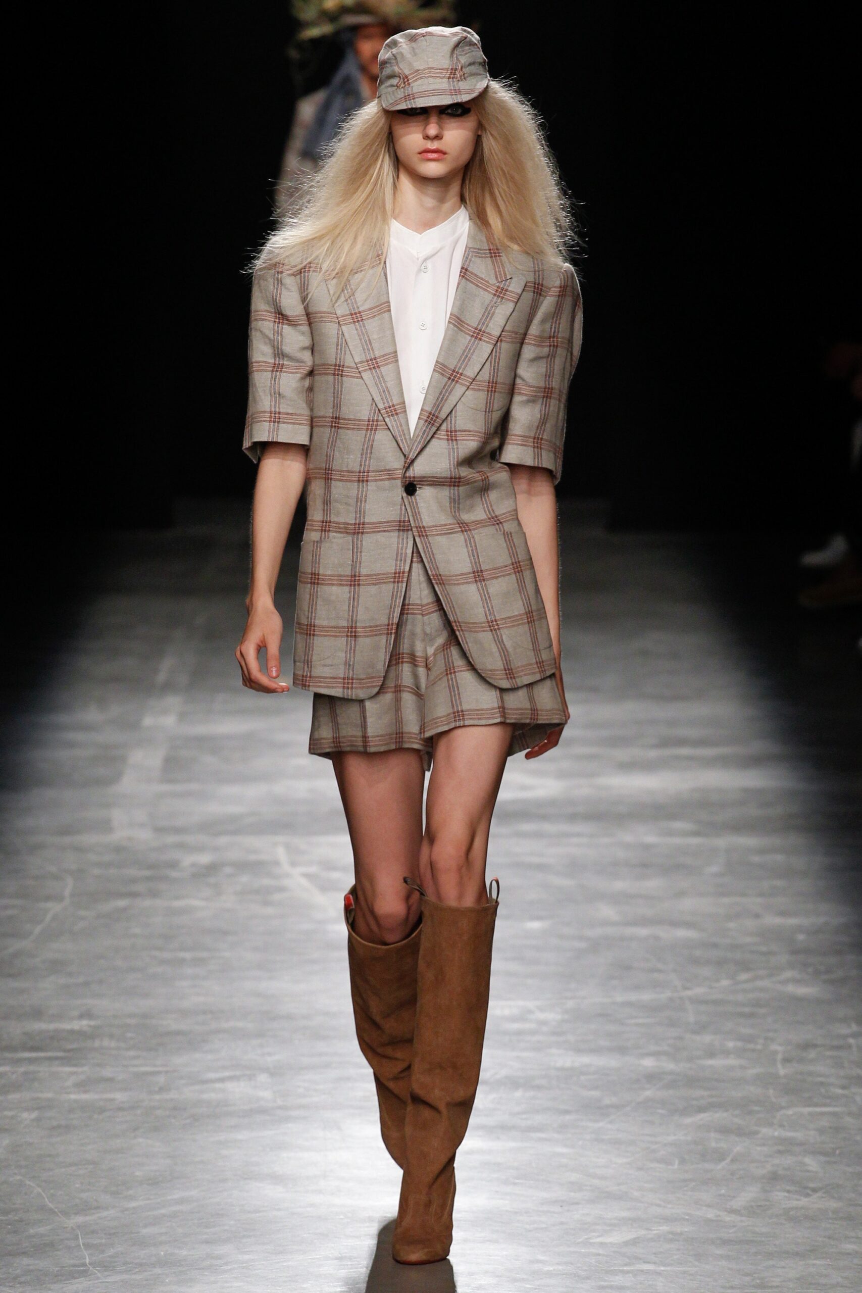 beige checked blazer and mini skirt