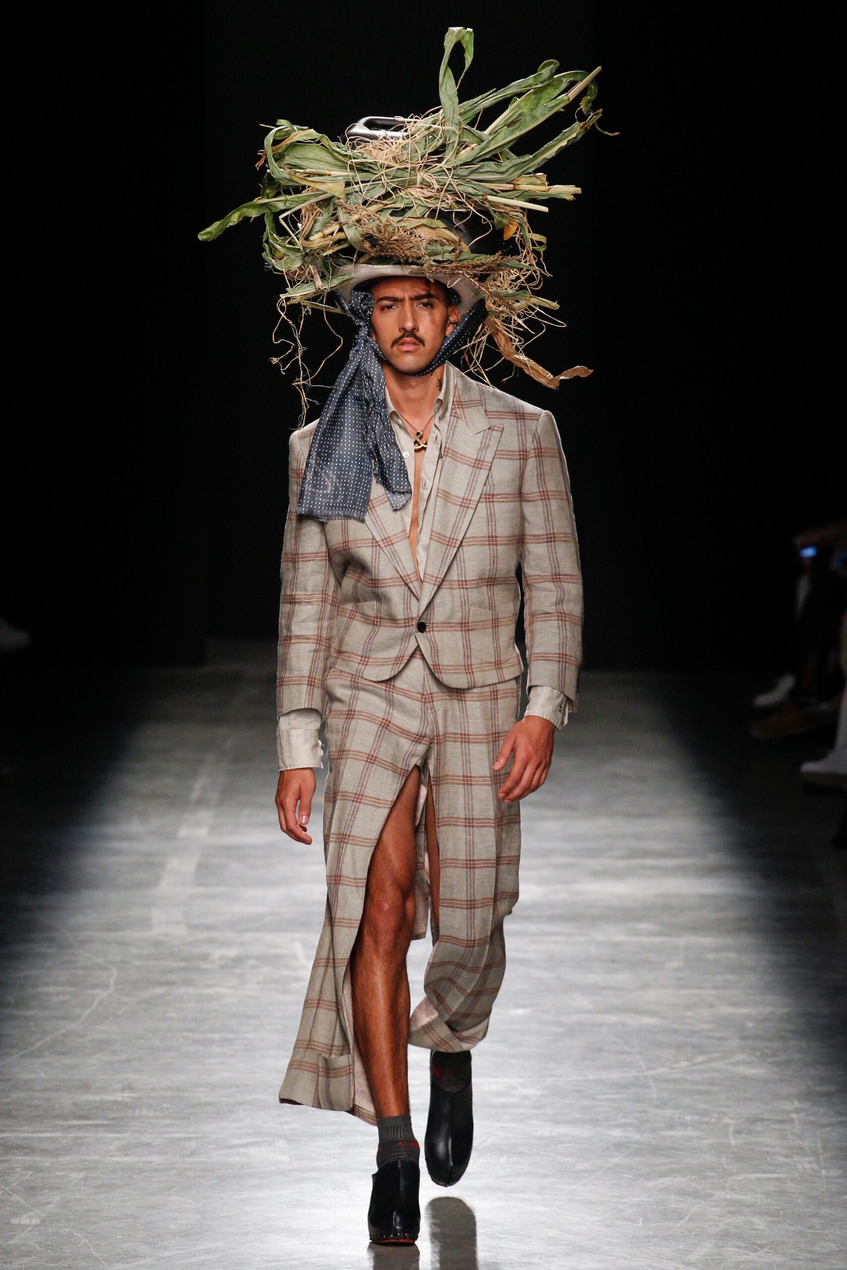 beige checked tailored suit with hat