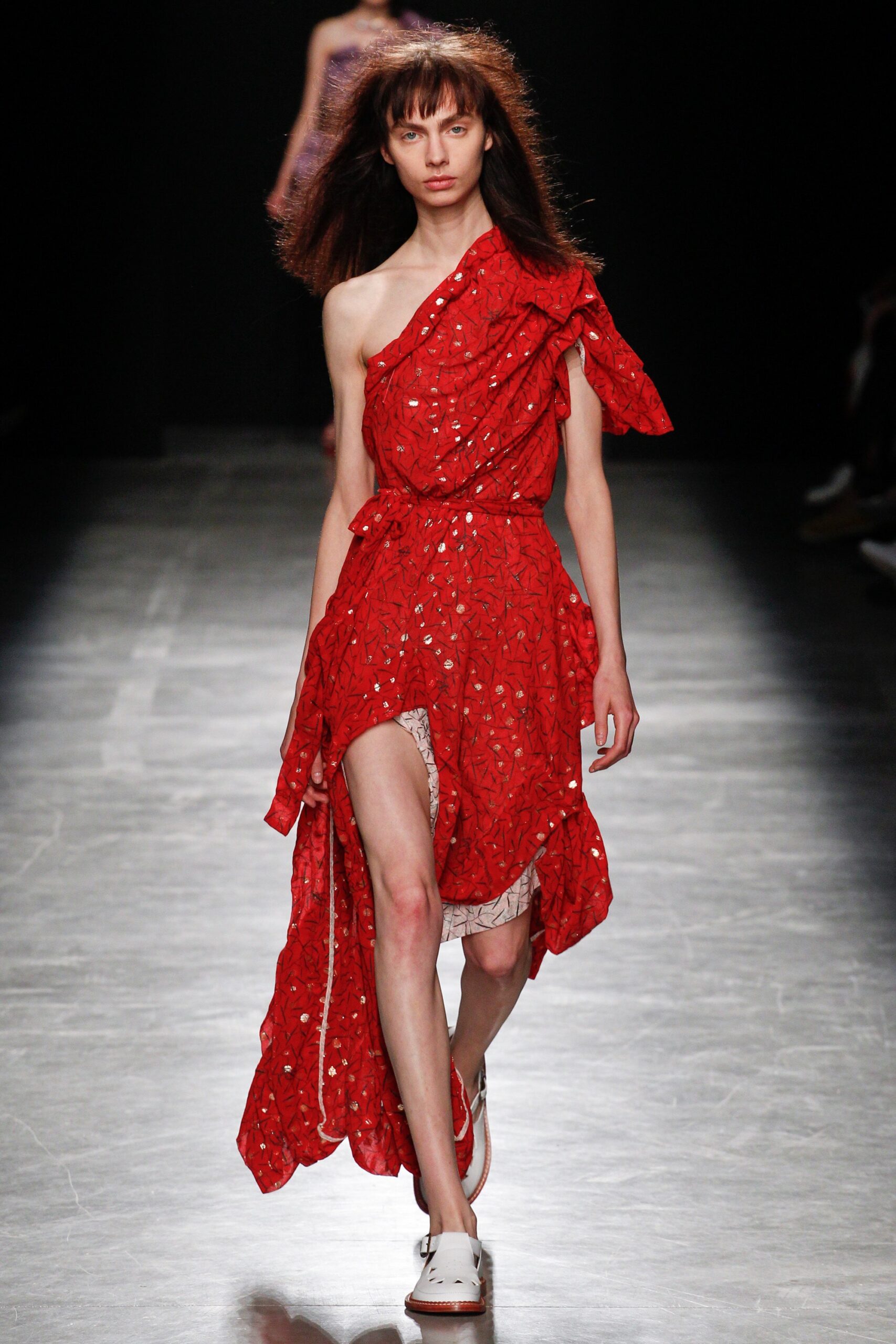 red ruffled asymmetric dress