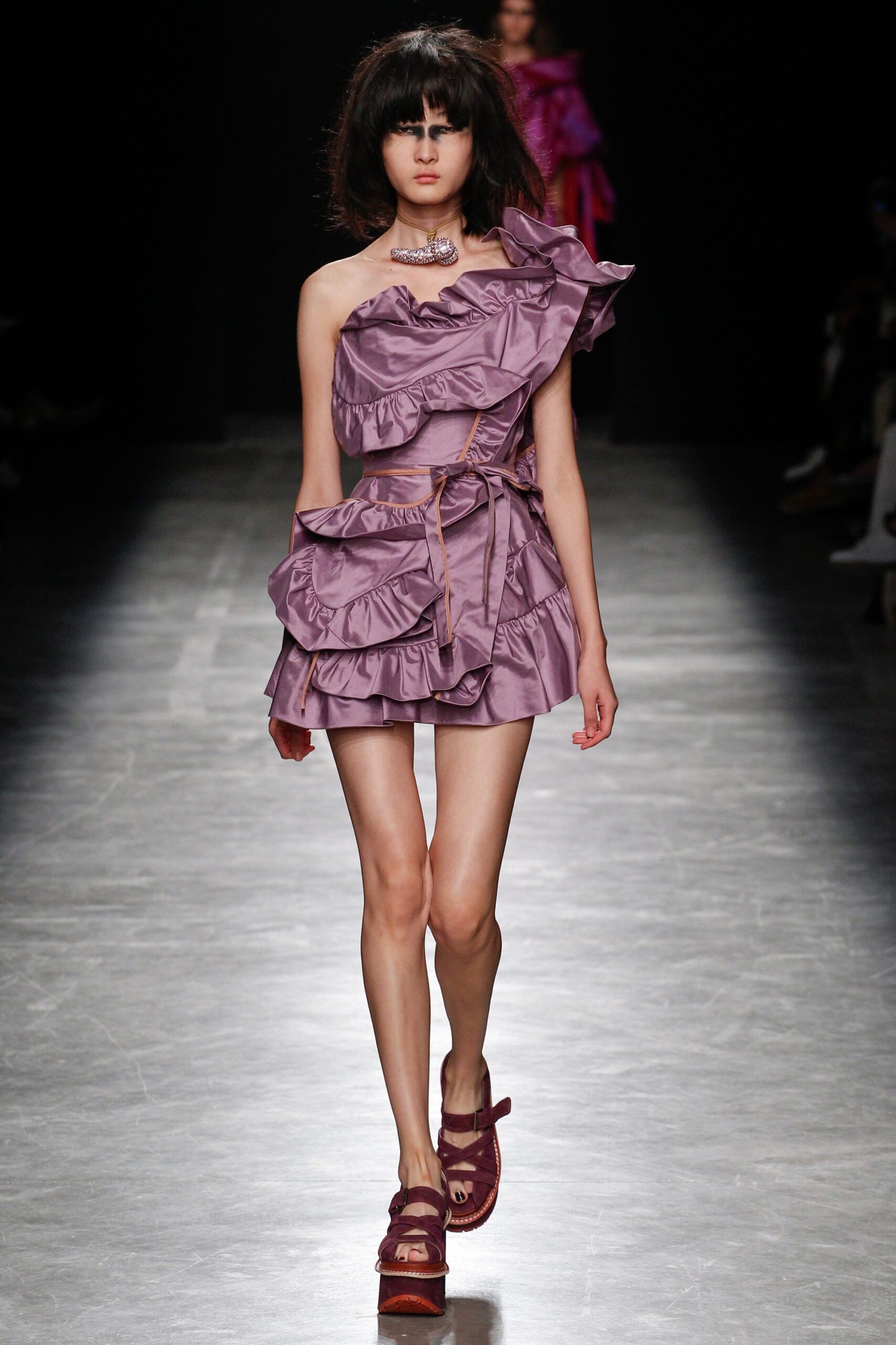 purple silk ruffled mini dress