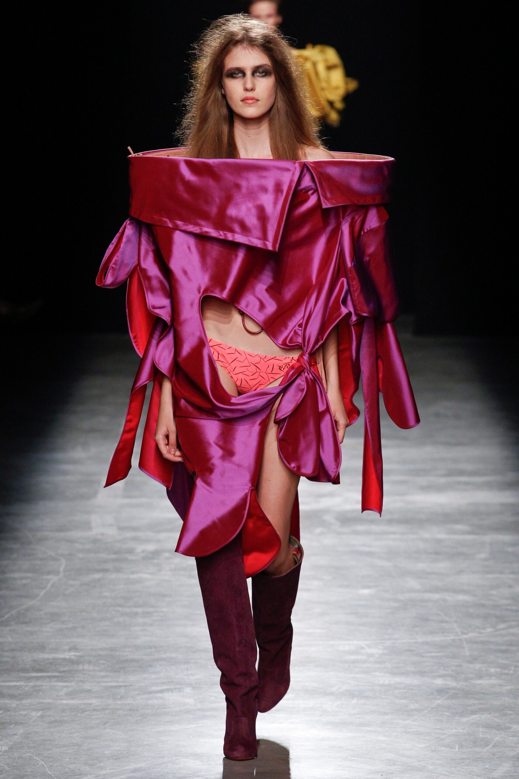 purple silk draped dress