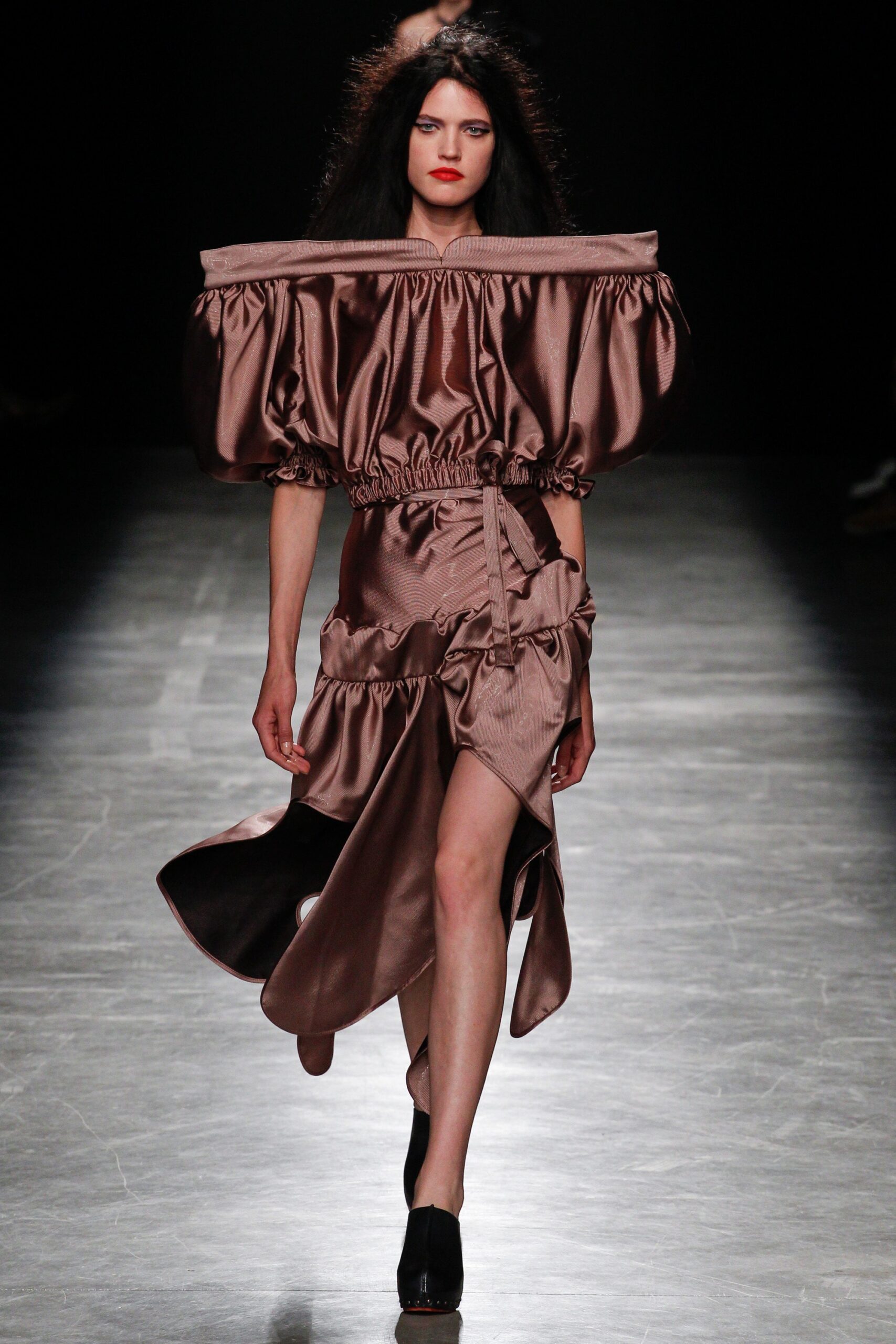brown silk off-shoulder ruffled dress