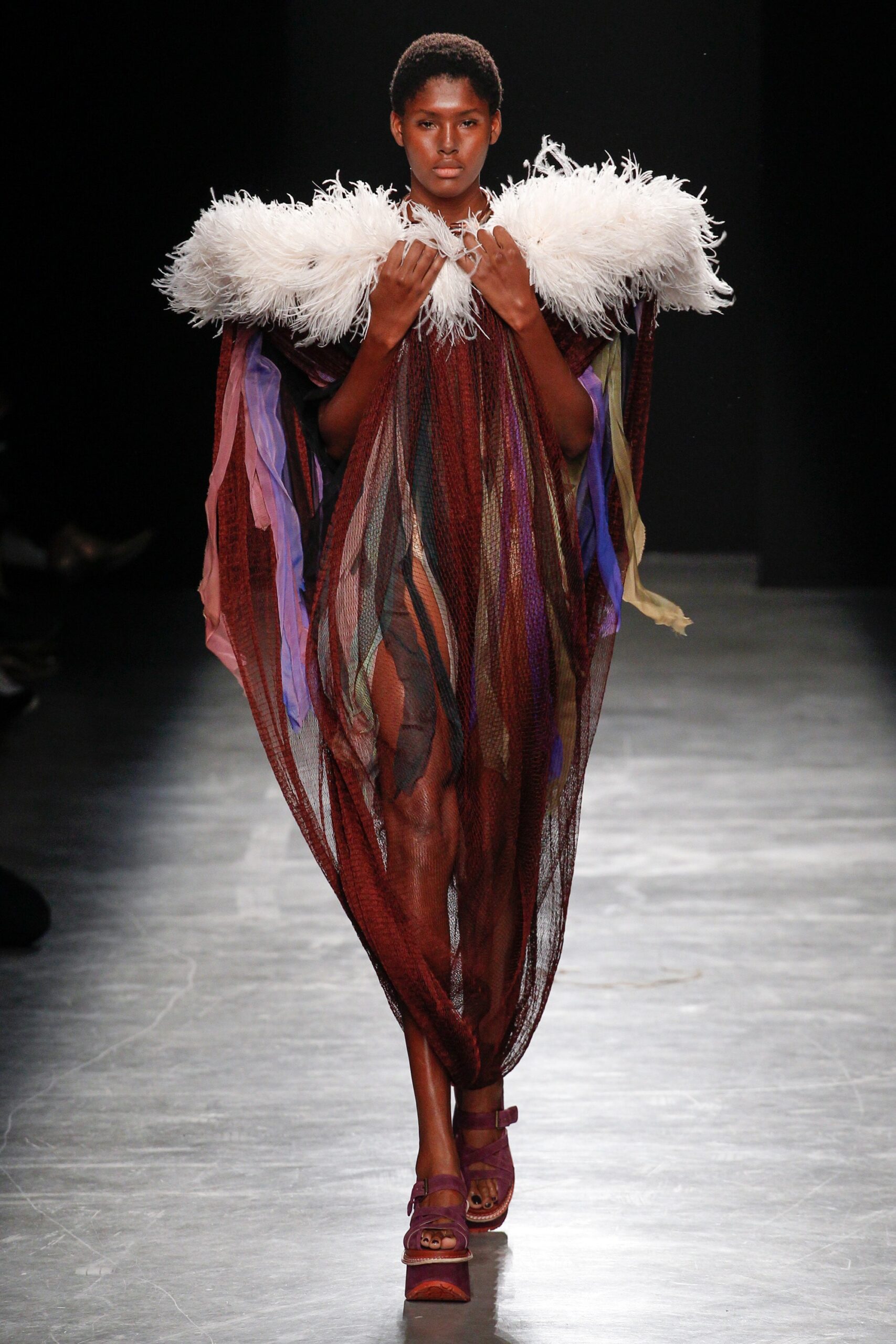 multi-colored mesh dress with feather cape