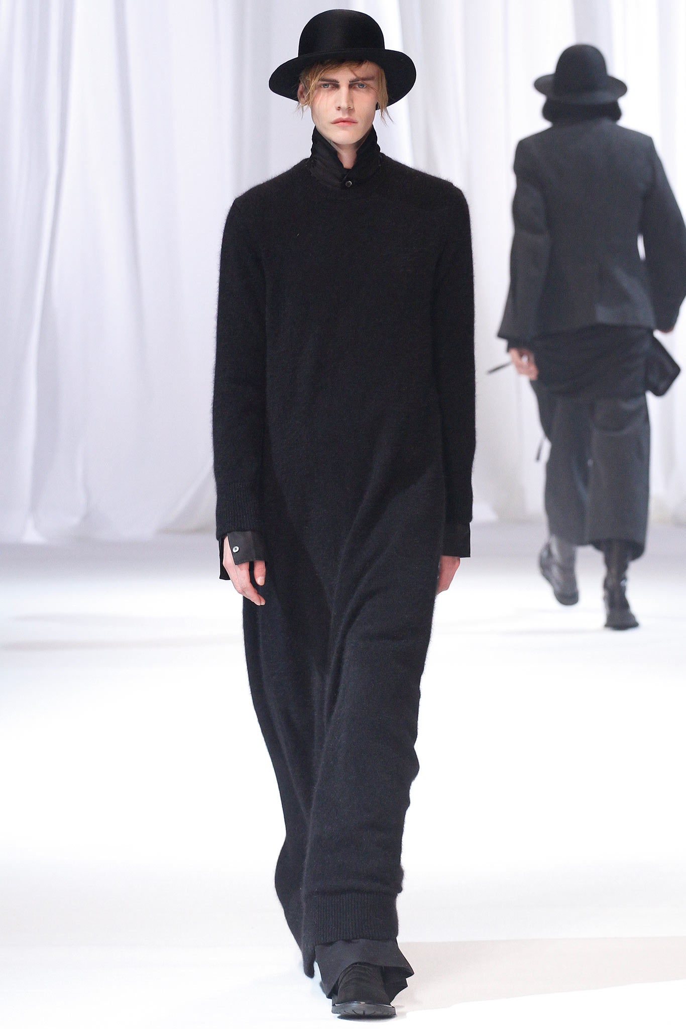 black wool long-sleeve high-neck relaxed straight-leg maxi dress