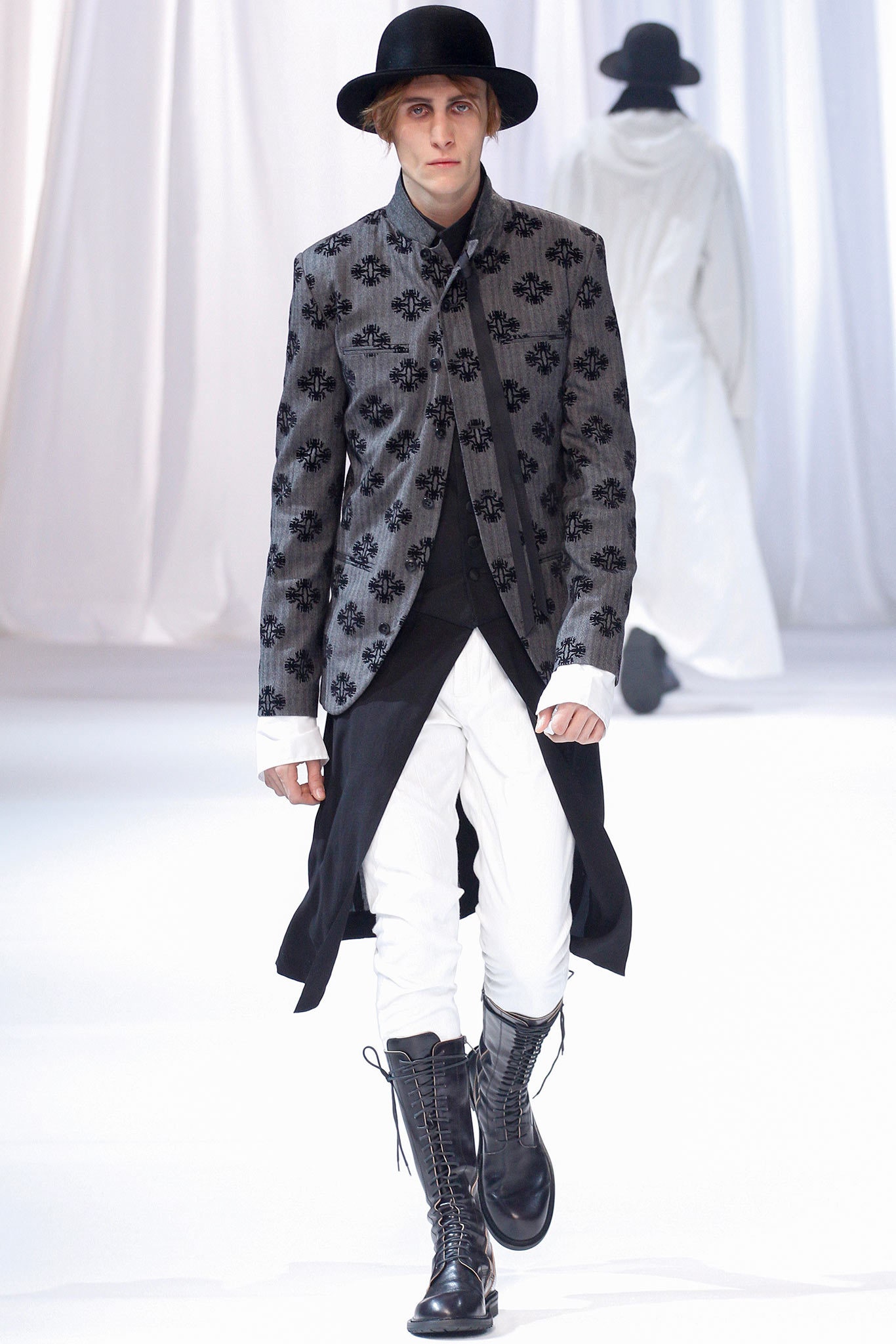 black gray embroidered jacket with white pants