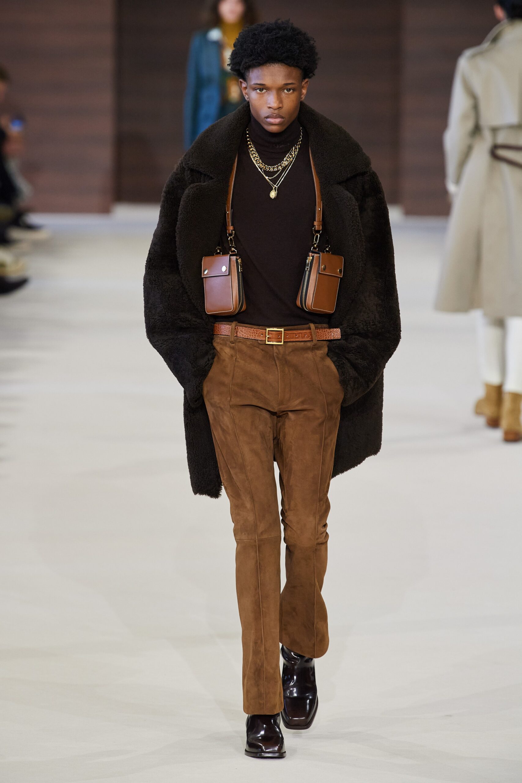 brown suede slim straight-leg pants