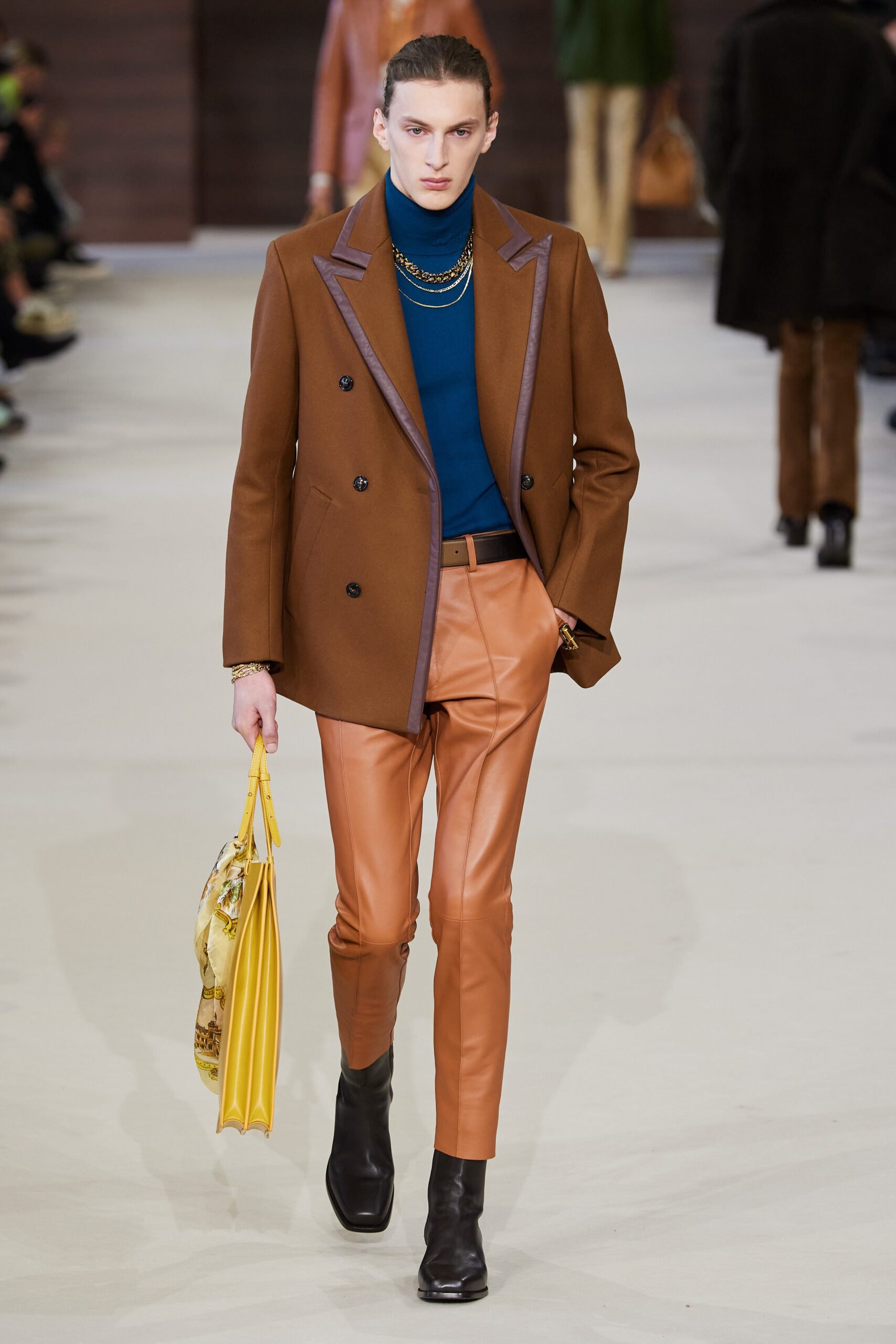 brown wool long-sleeve collared tailored color-blocked blazer
