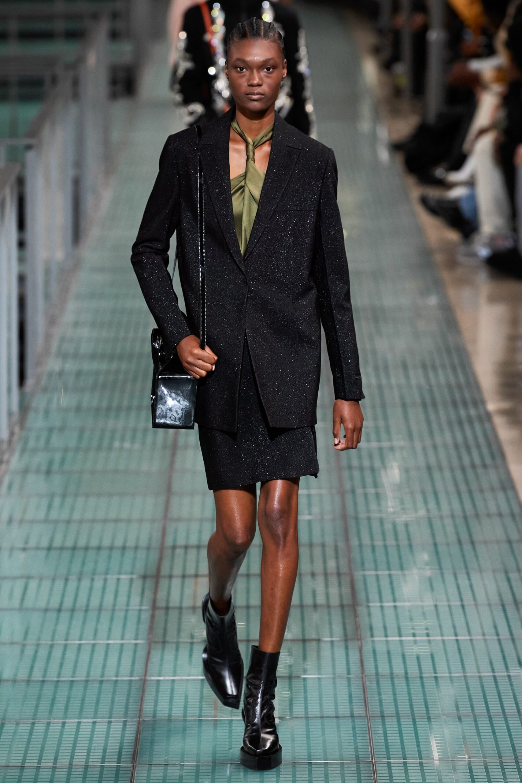 black tailored blazer with green shirt