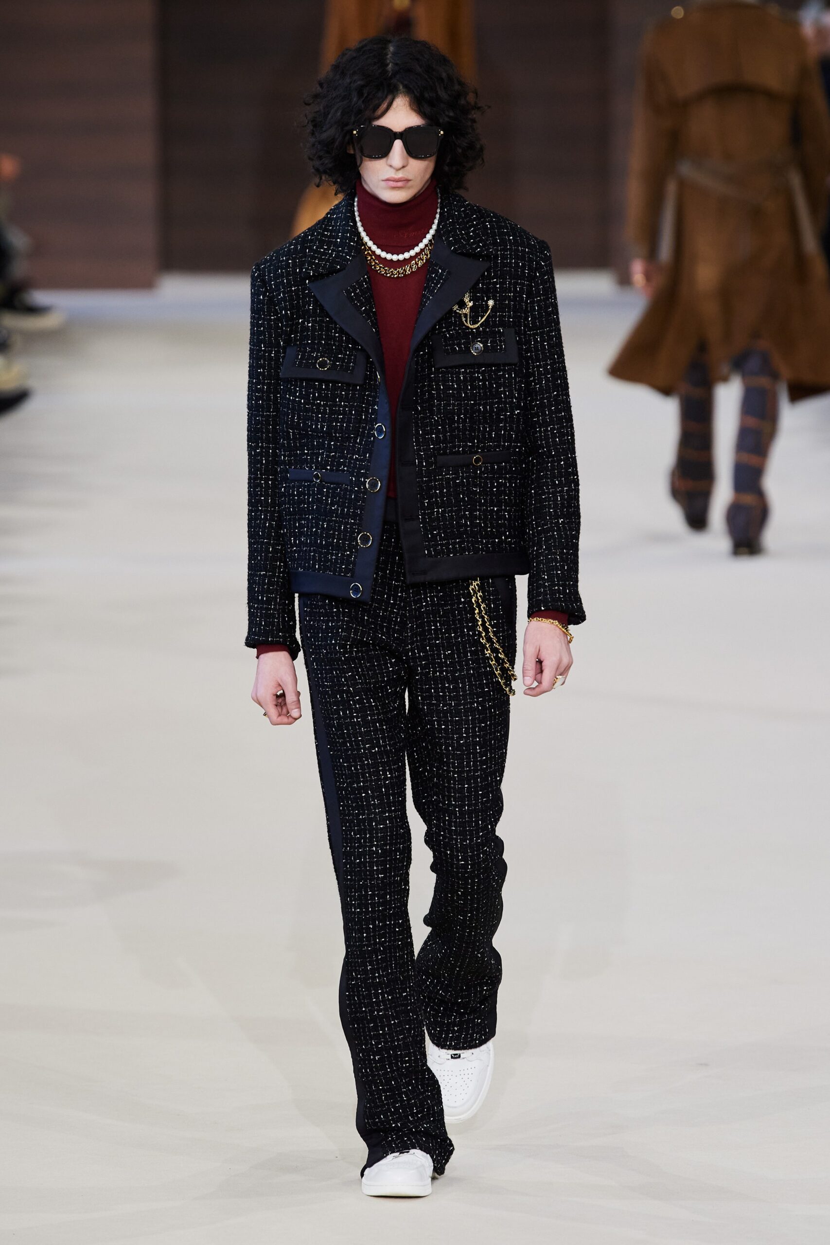 black tweed slim straight-leg pants