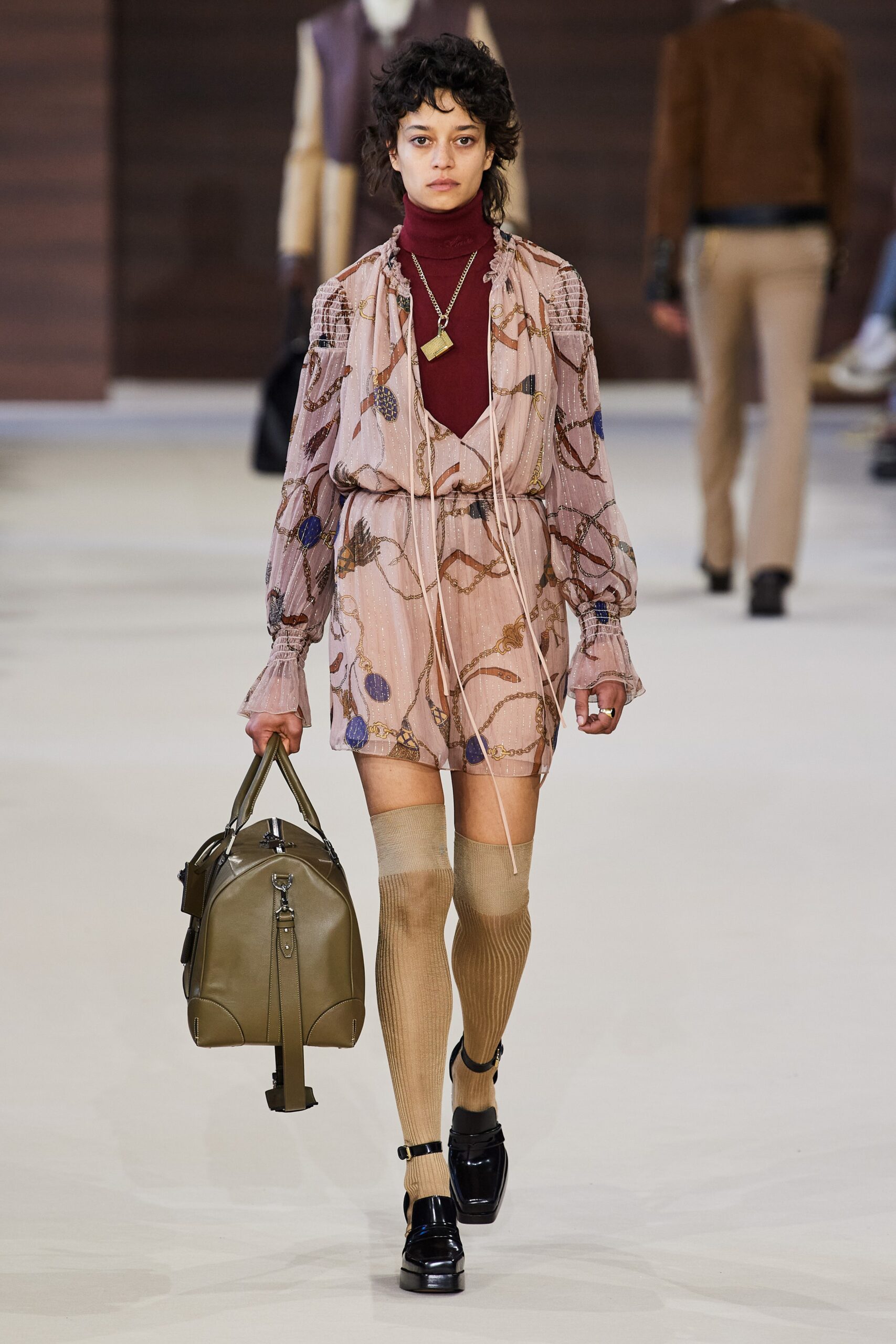 pink silk long-sleeve v-neck fitted embroidered mini dress