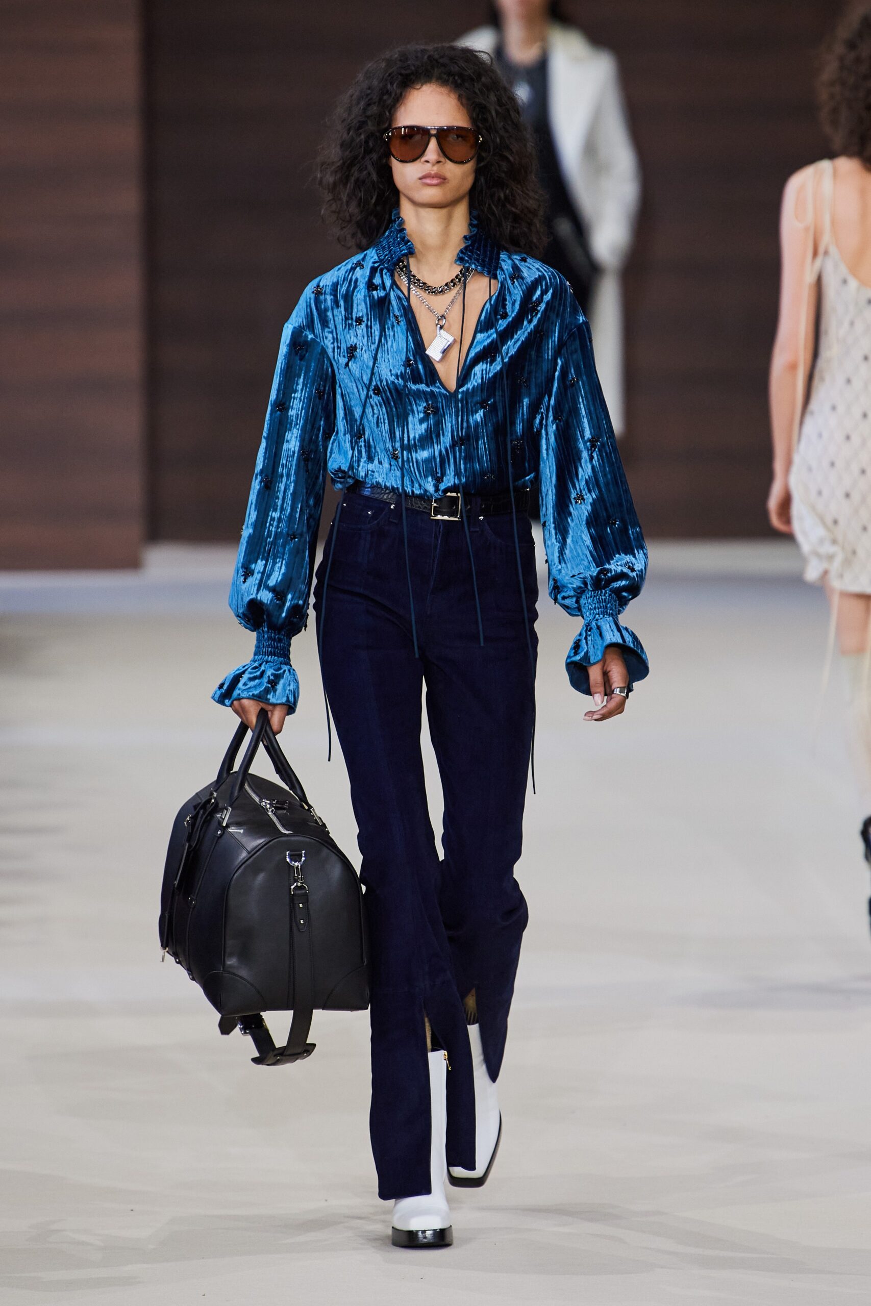 blue silk long-sleeve collared relaxed pleated shiny shirt