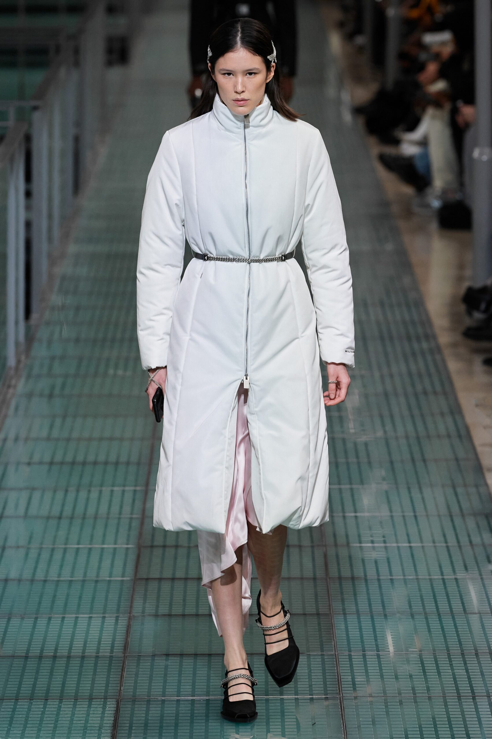 white faux-fur coat with pink dress