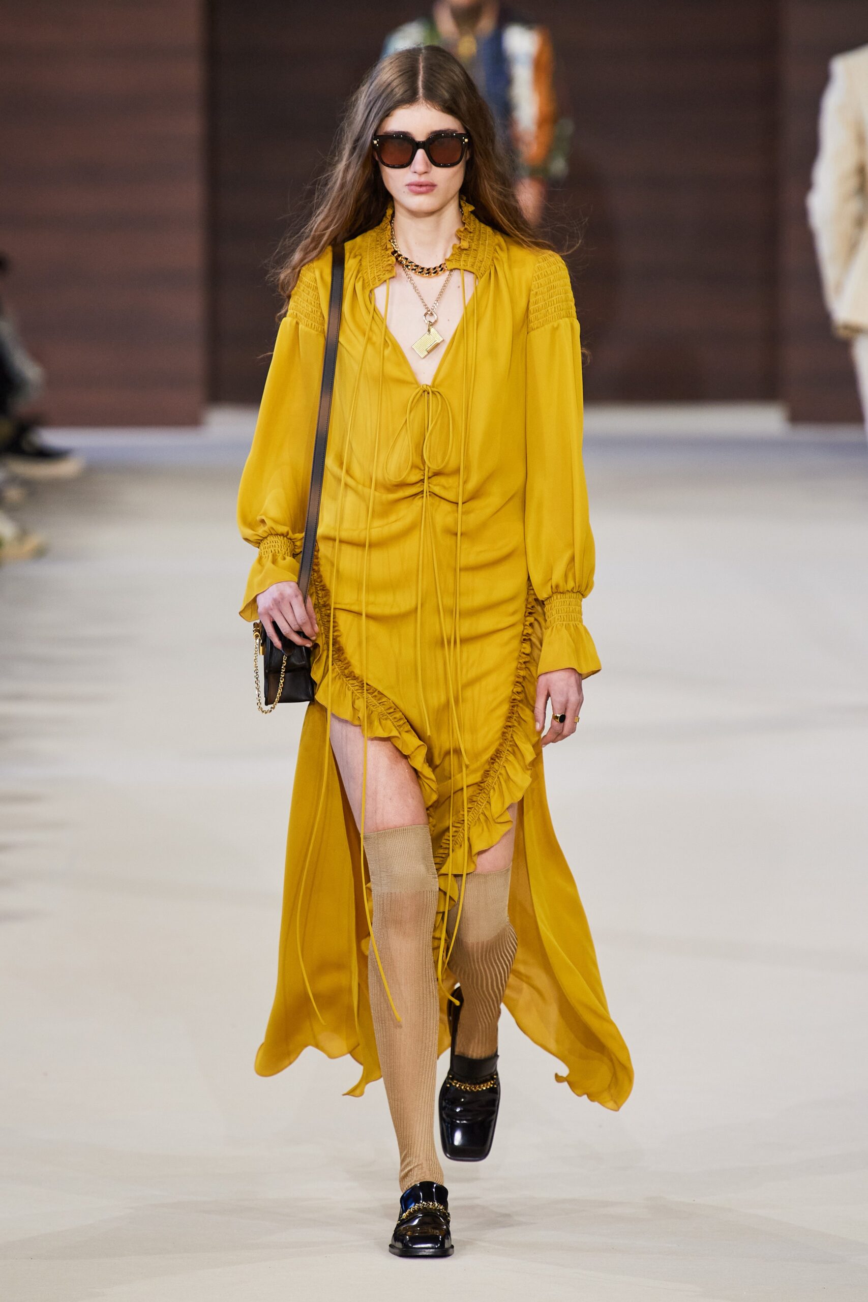 yellow silk ruffled midi dress