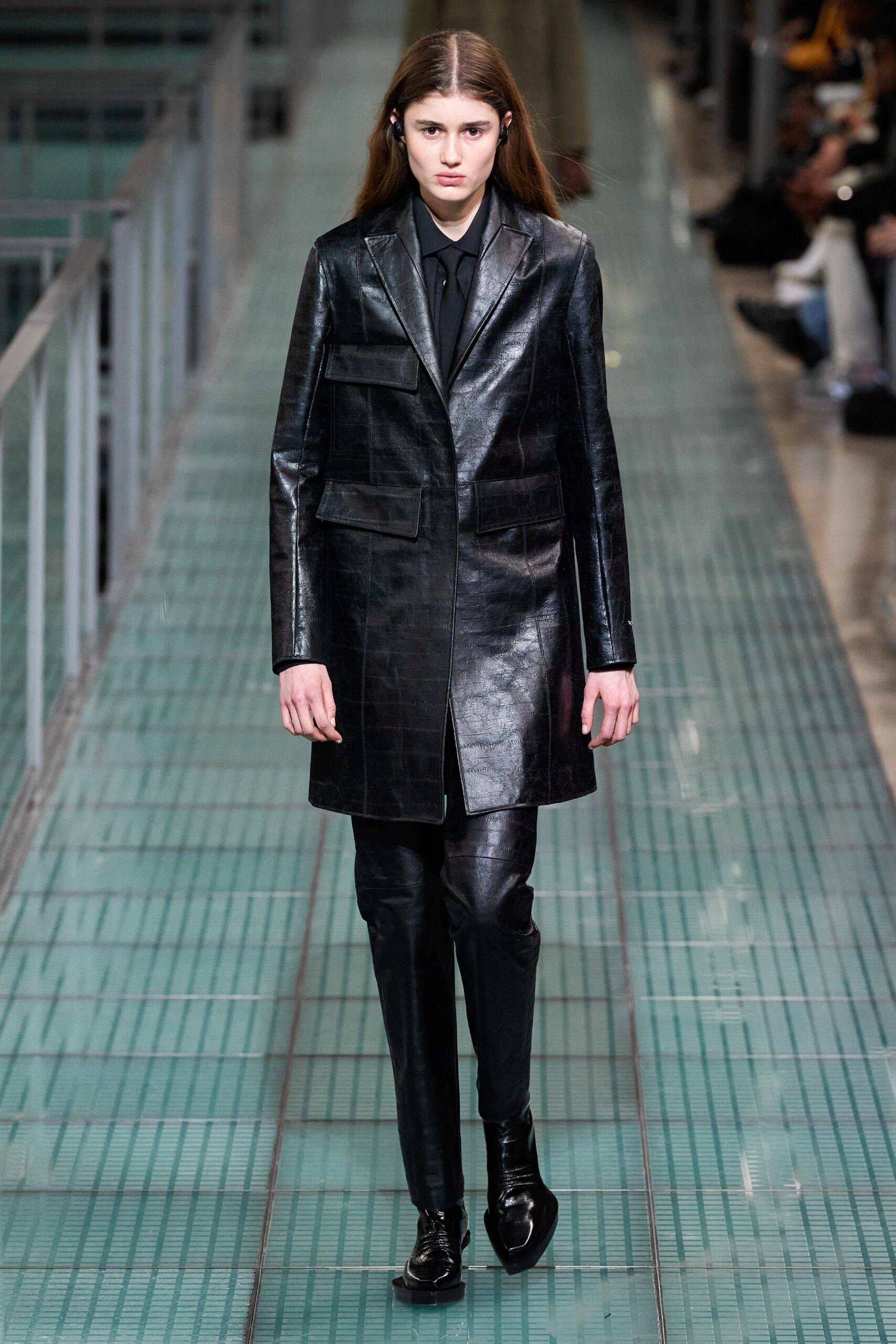 black leather fitted coat and pants