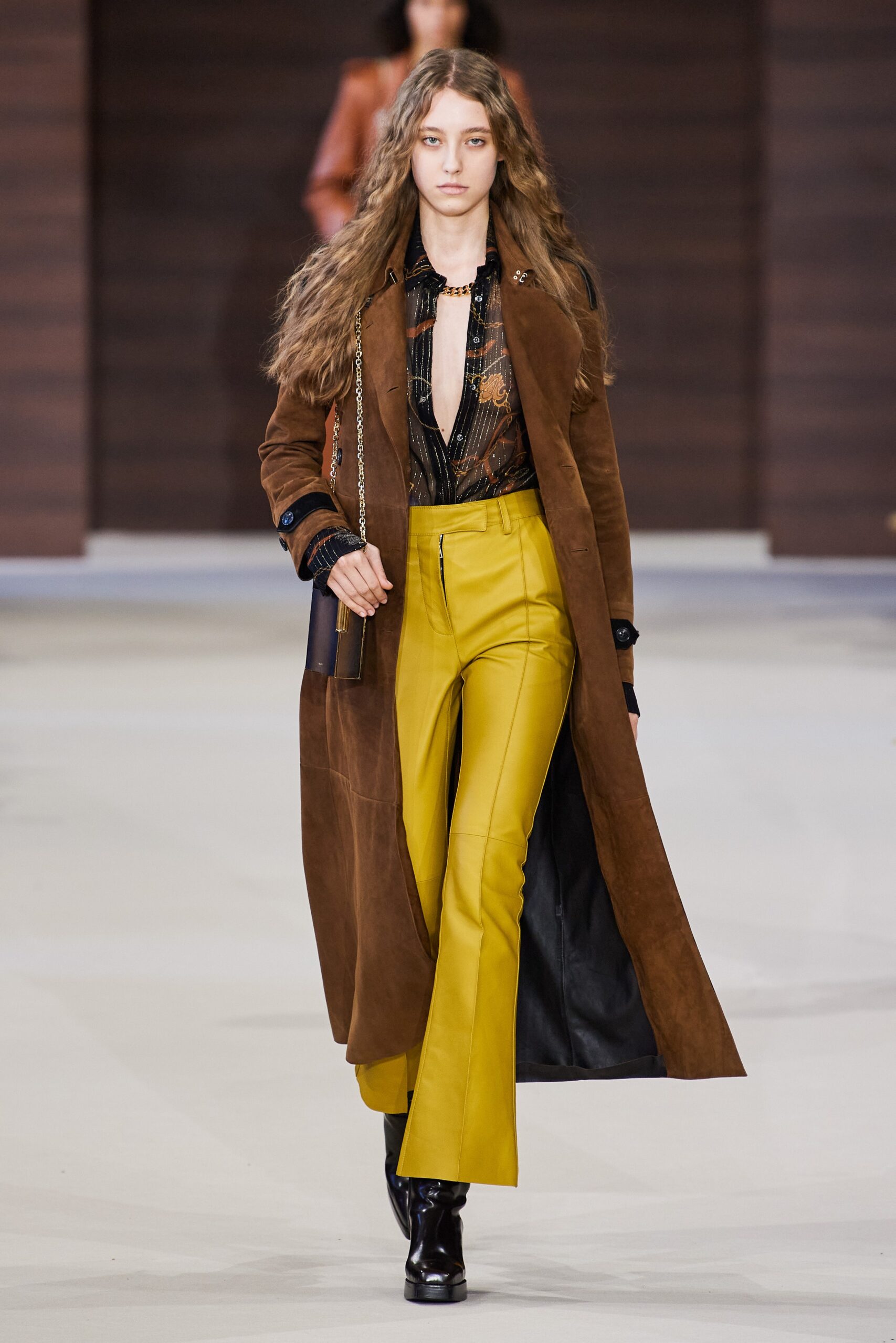 brown suede long-sleeve collared fitted belted coat