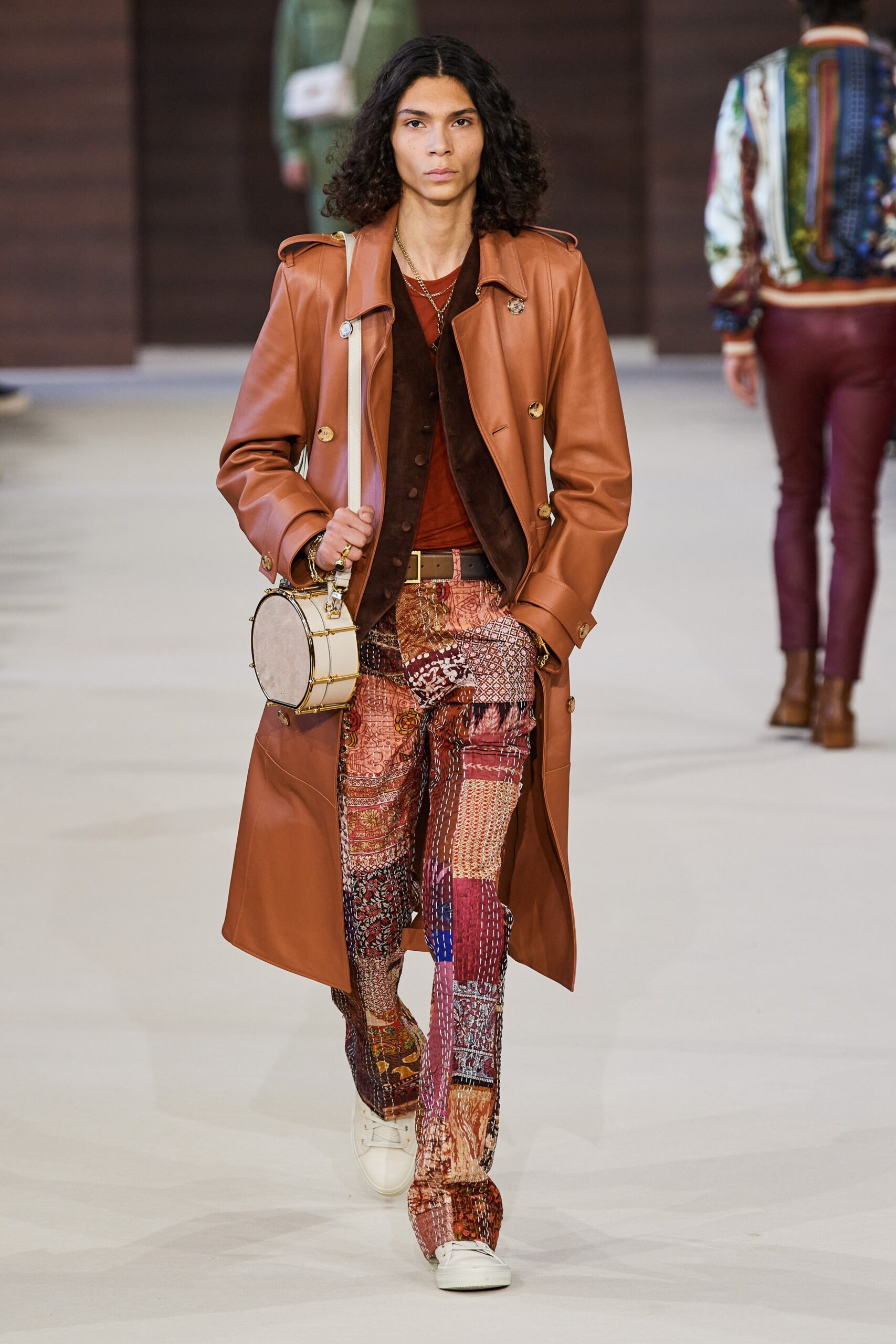 brown leather long-sleeve collared fitted buttoned coat