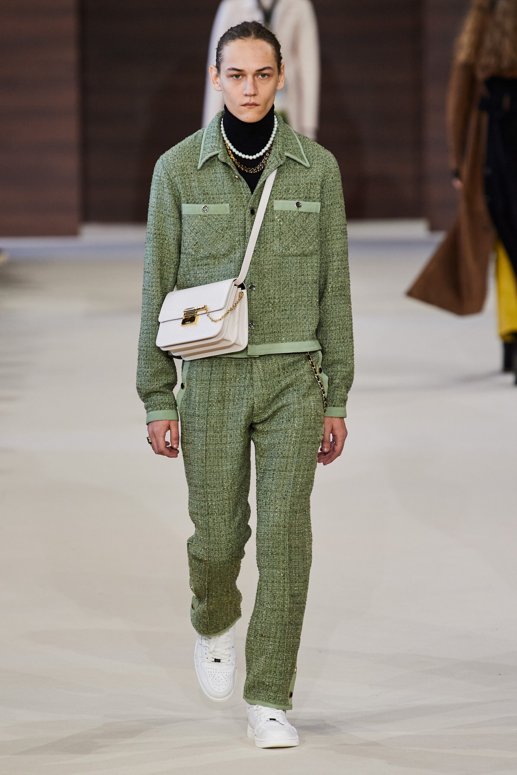 green tweed jacket and pants