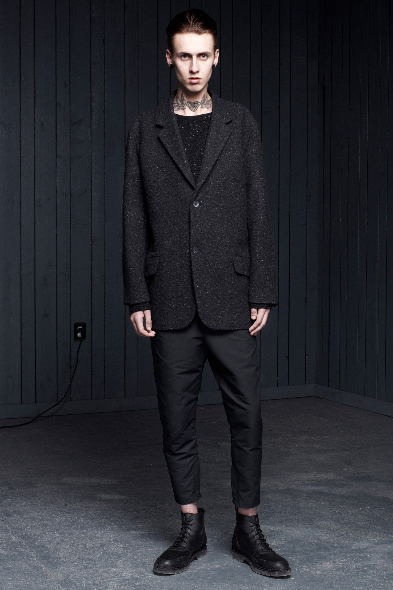 black wool blazer with slim pants