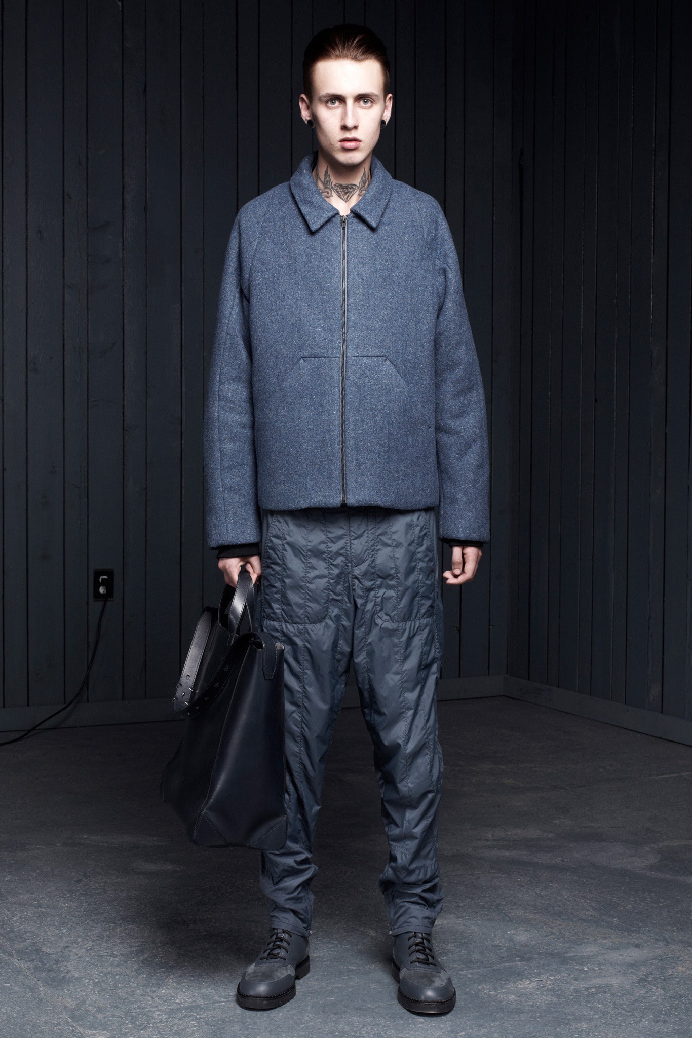 blue wool long-sleeve collared relaxed zippered jacket