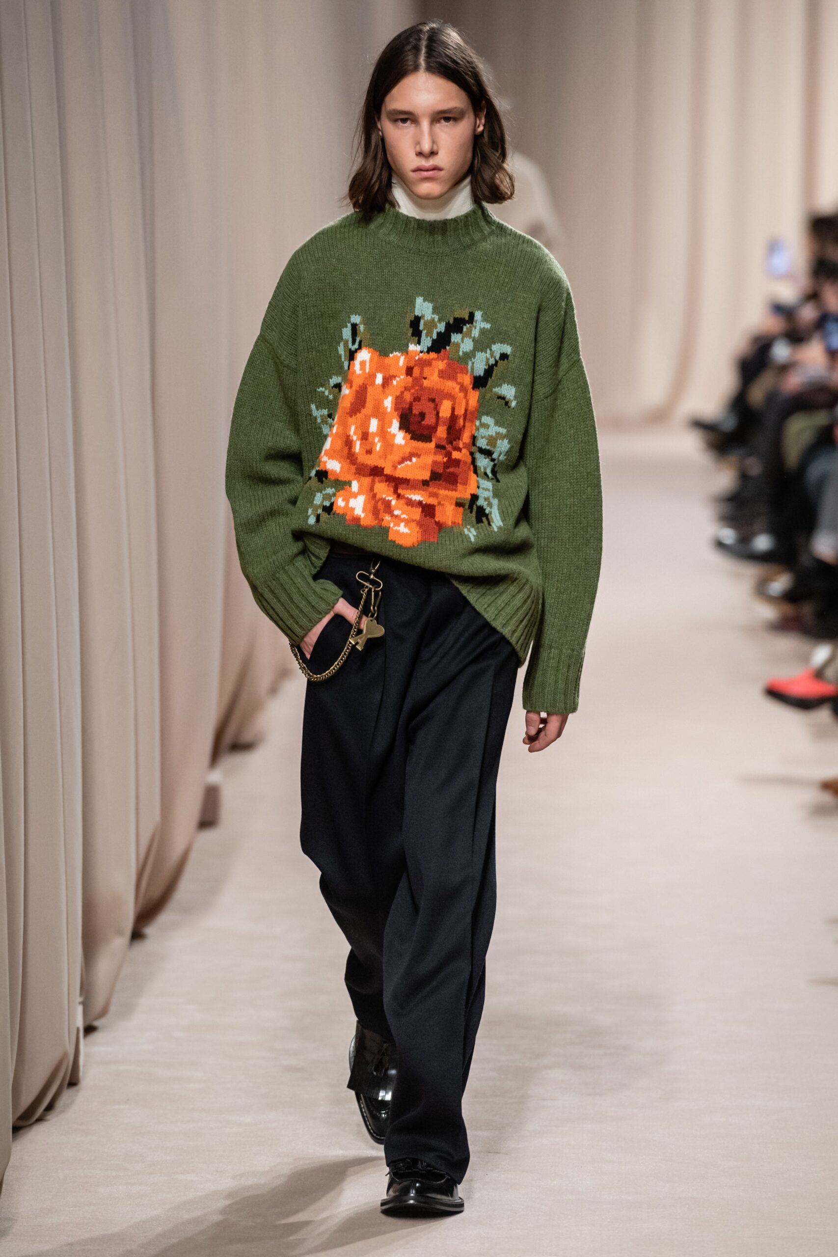 green wool long-sleeve high-neck oversized embroidered sweater