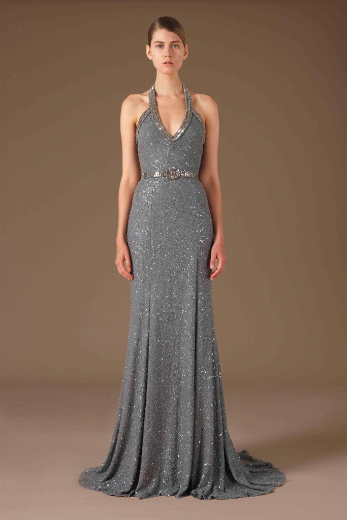 gray sequined sleeveless gown