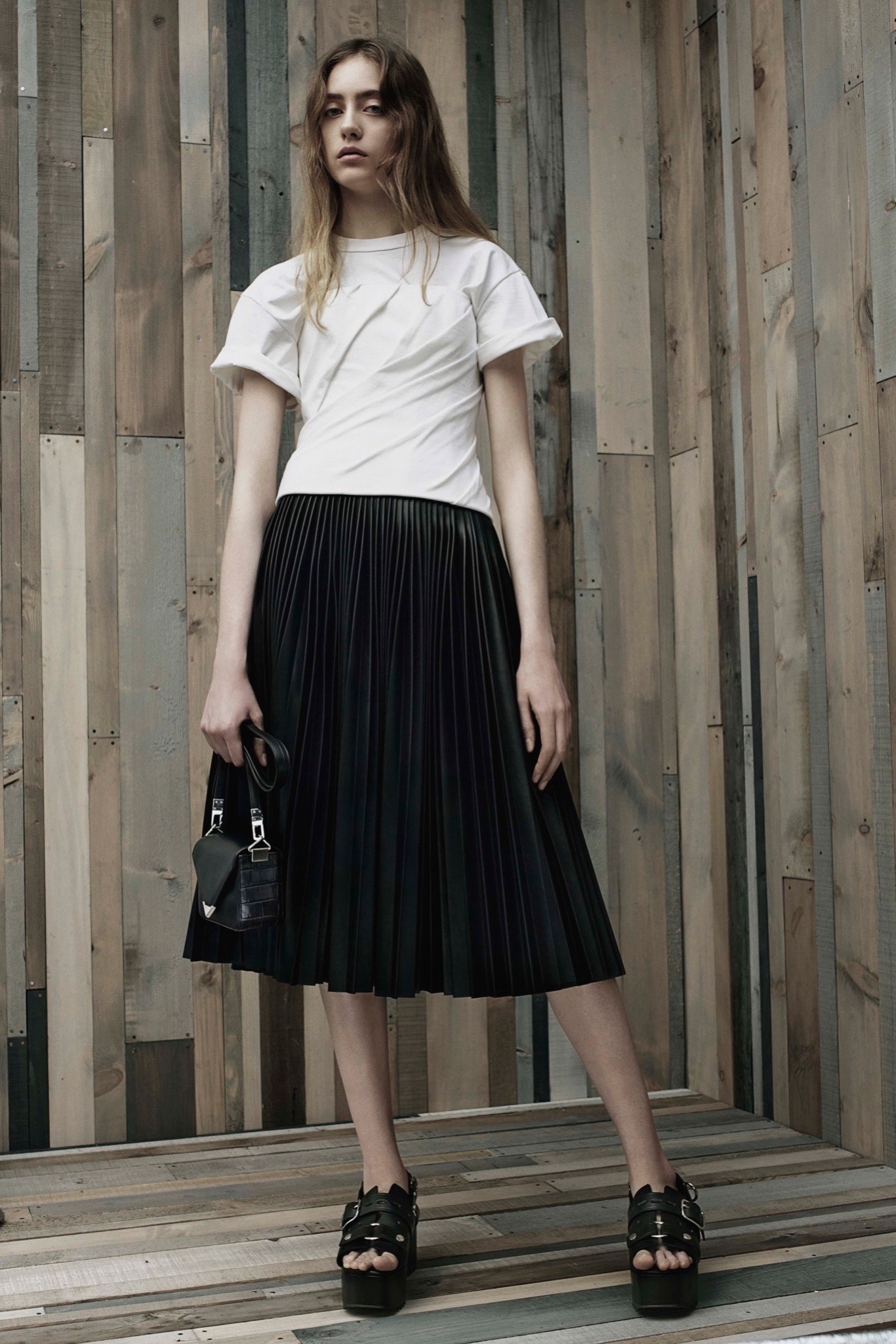 black silk relaxed pleated a-line midi skirt