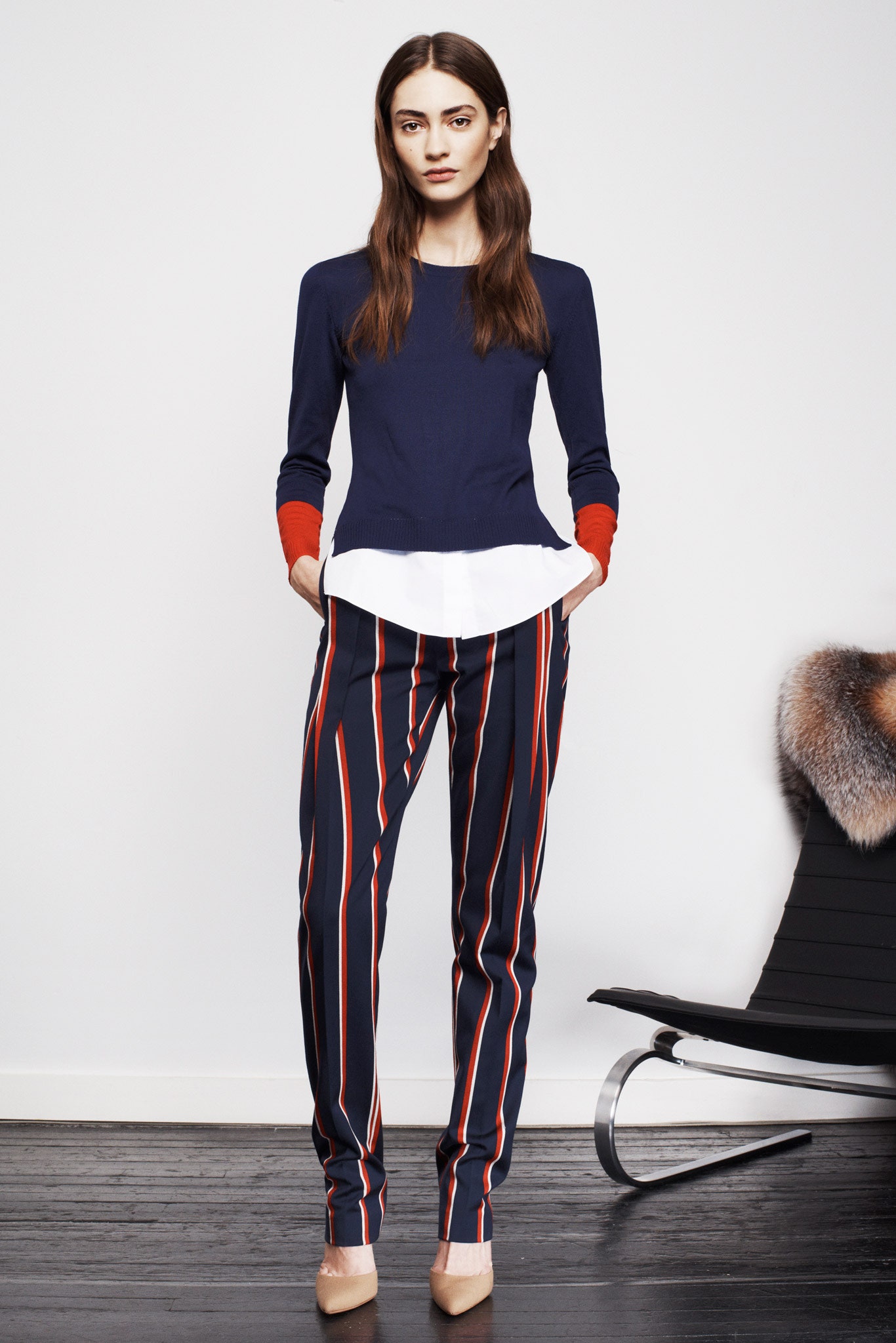 navy and red striped top with pants