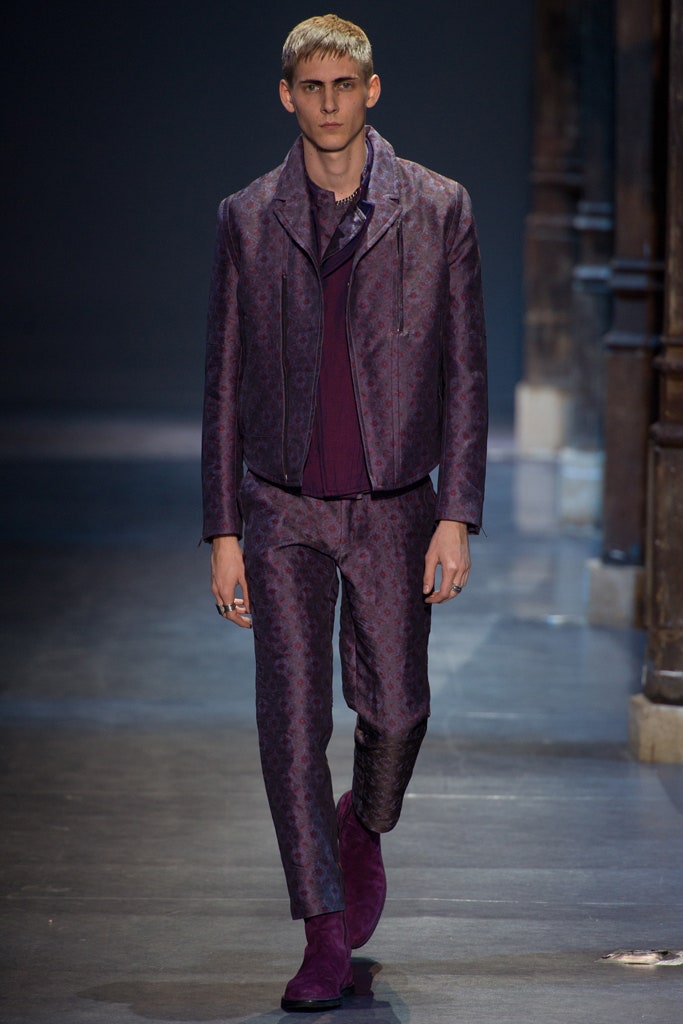 fitted purple silk jacket and pants