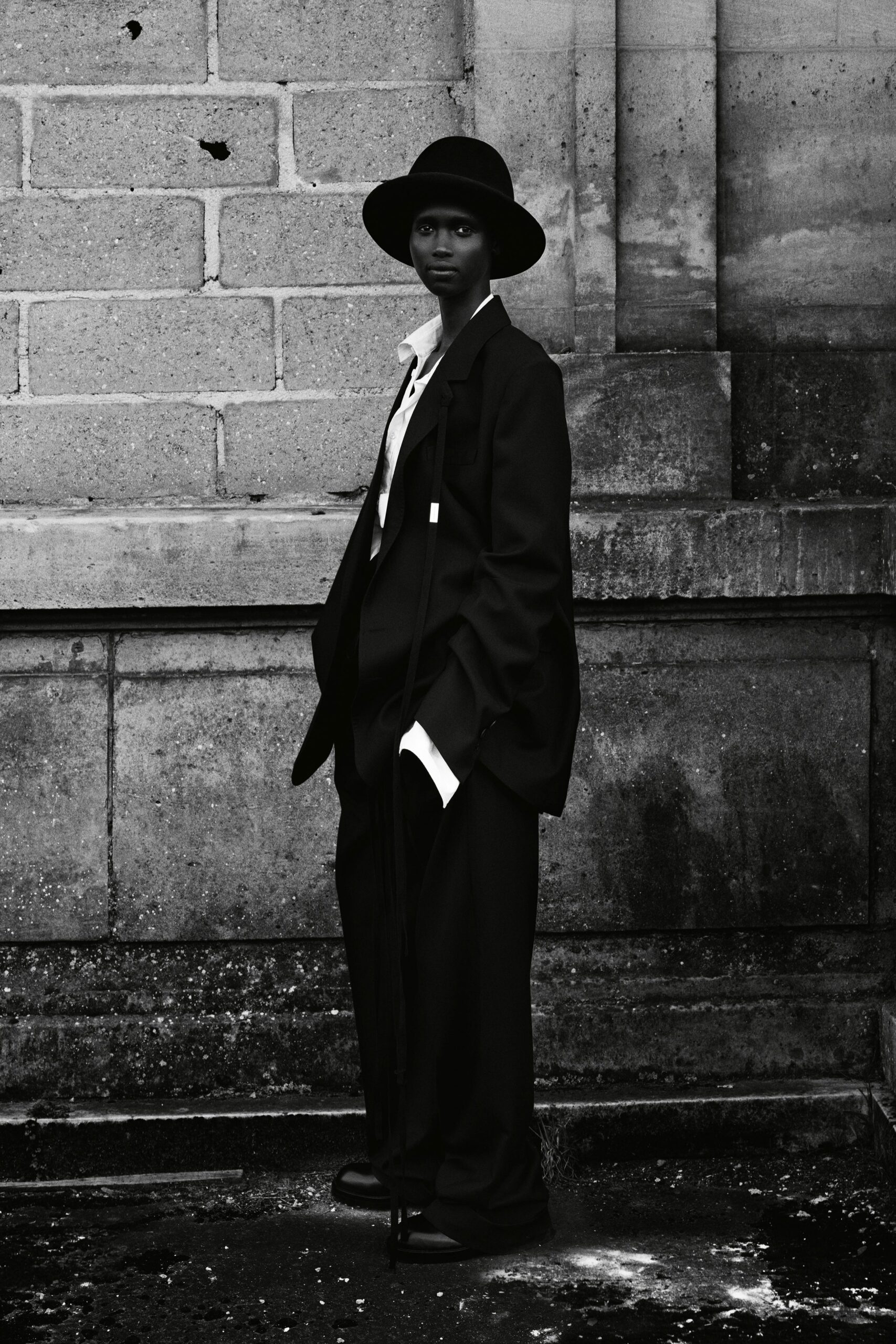 black oversized suit with white shirt