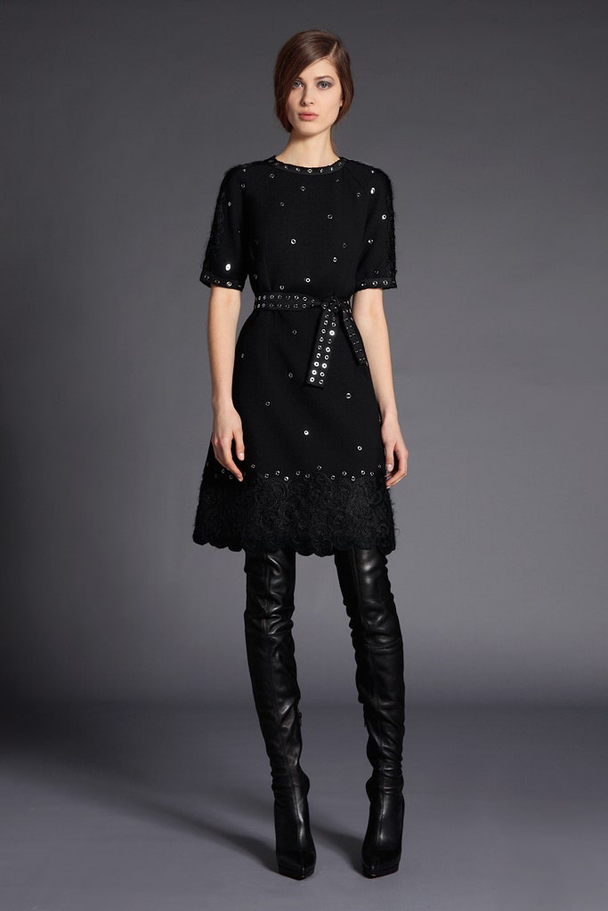 black cotton short-sleeve collared fitted embroidered belted dress