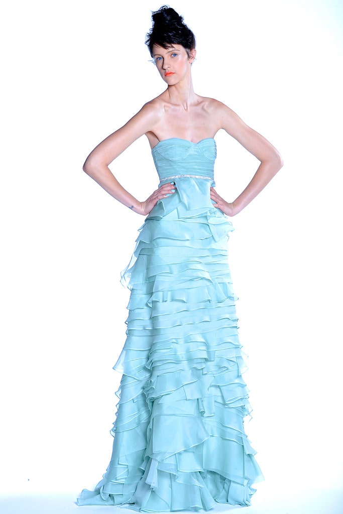 blue chiffon strapless gown
