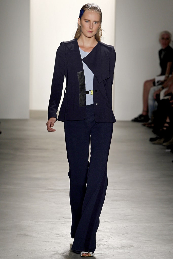 navy tailored blazer with light blue top
