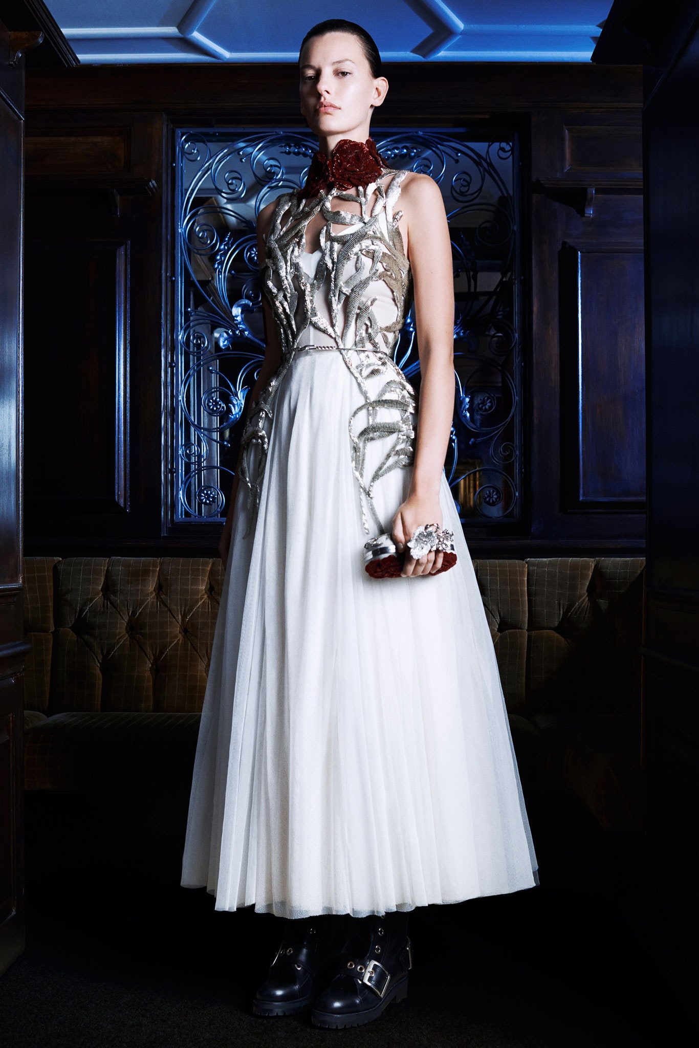 white tulle gown with red corset