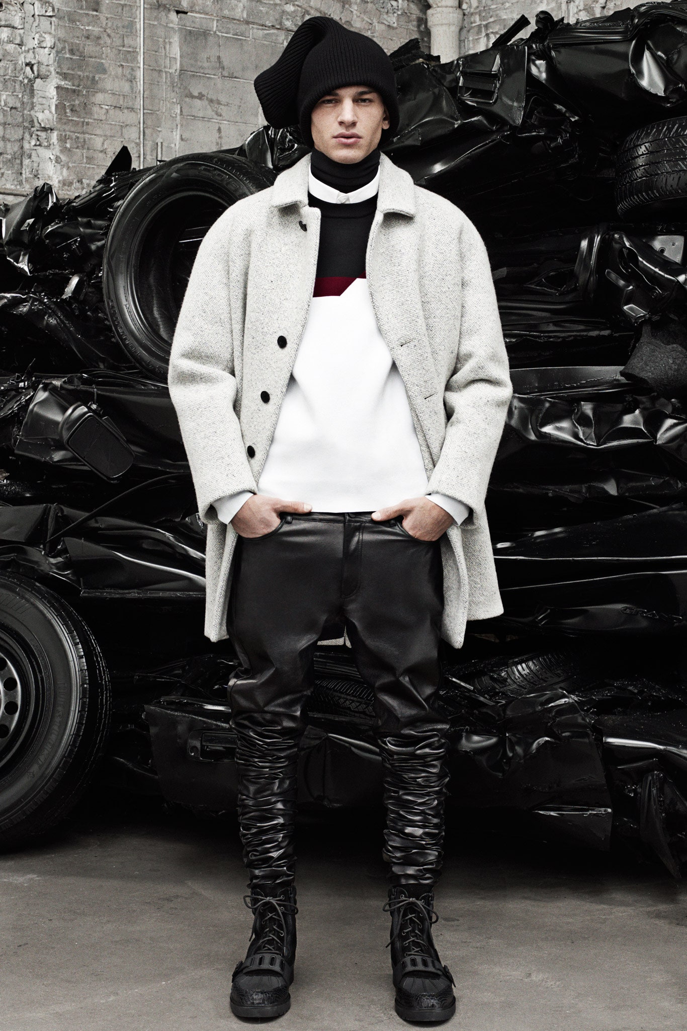 gray wool coat with color-blocked sweater