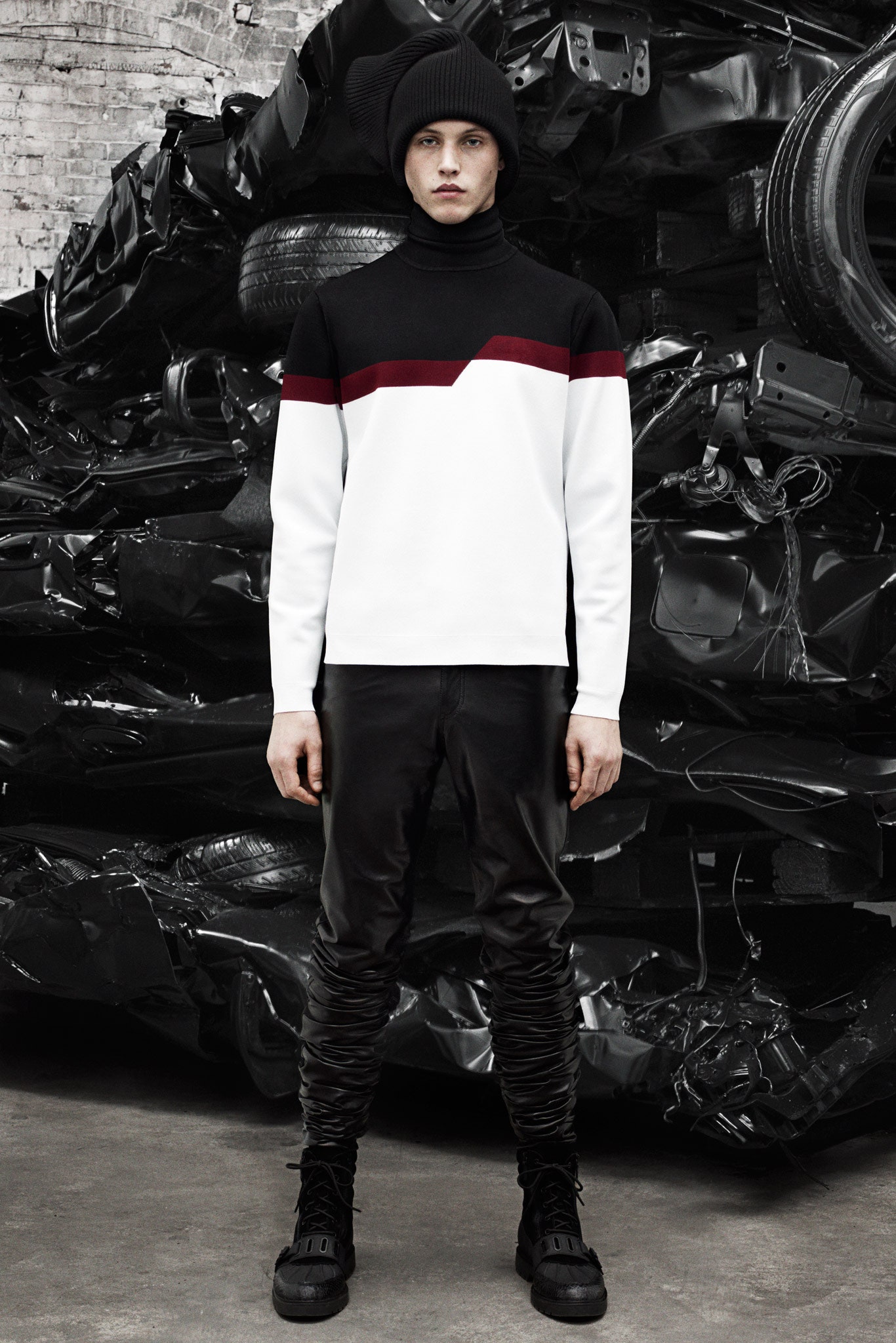 black and white color-blocked top with fitted pants
