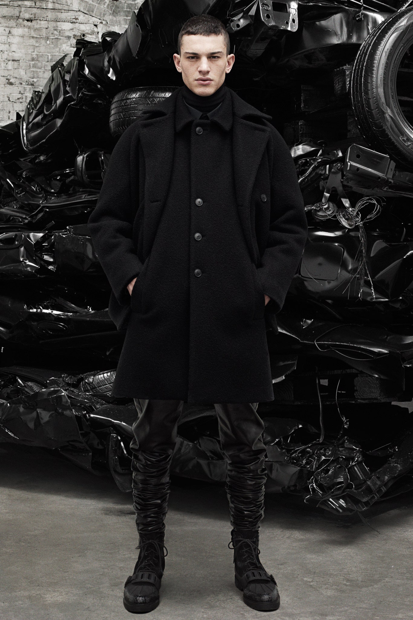 black wool coat with leather pants