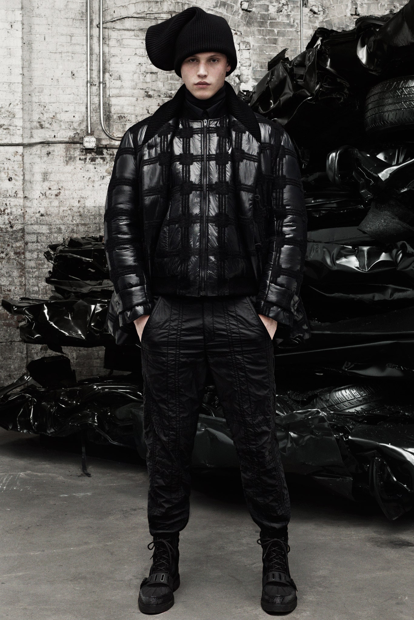 black vinyl jacket and pants