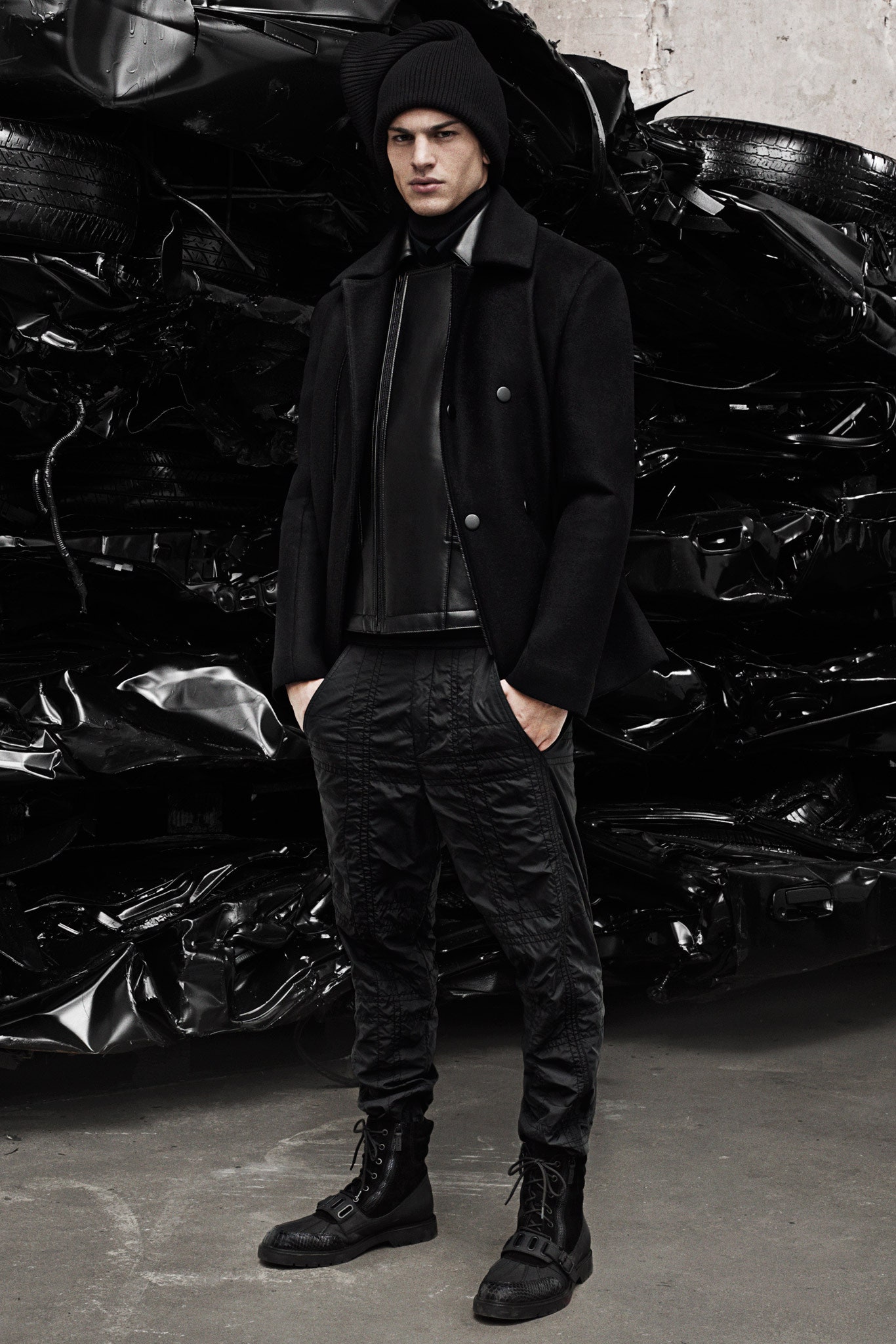 black wool coat with leather top
