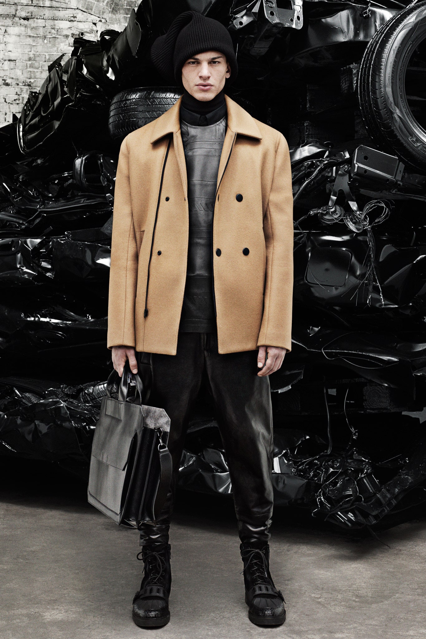 beige wool coat with black leather top