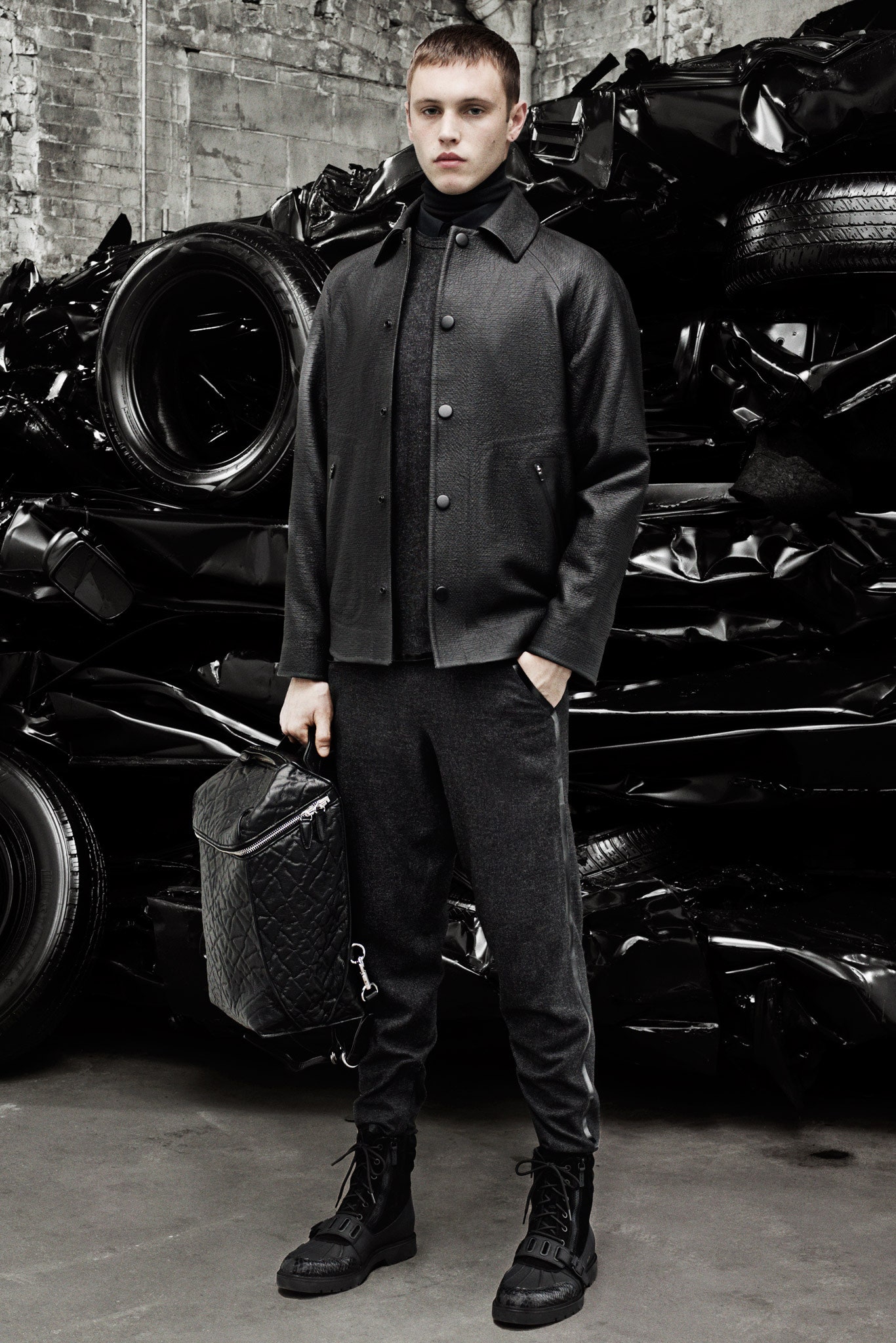 black wool jacket with relaxed pants