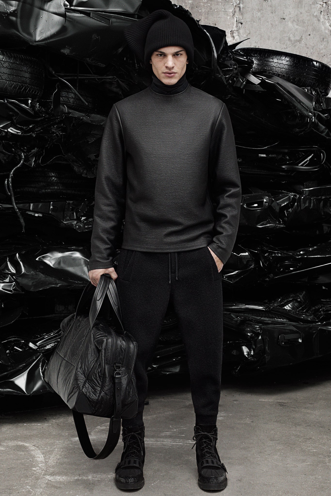 black fitted top and relaxed pants