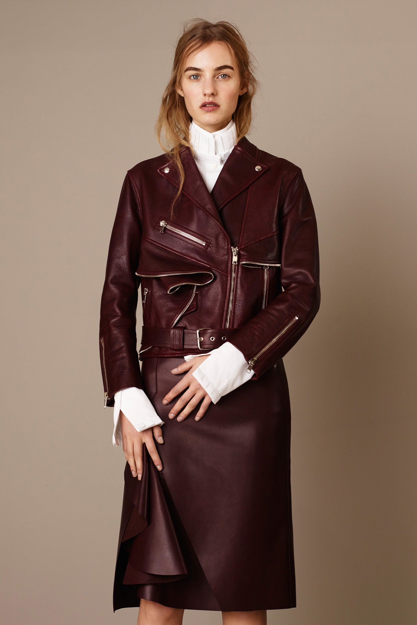 maroon leather jacket and skirt