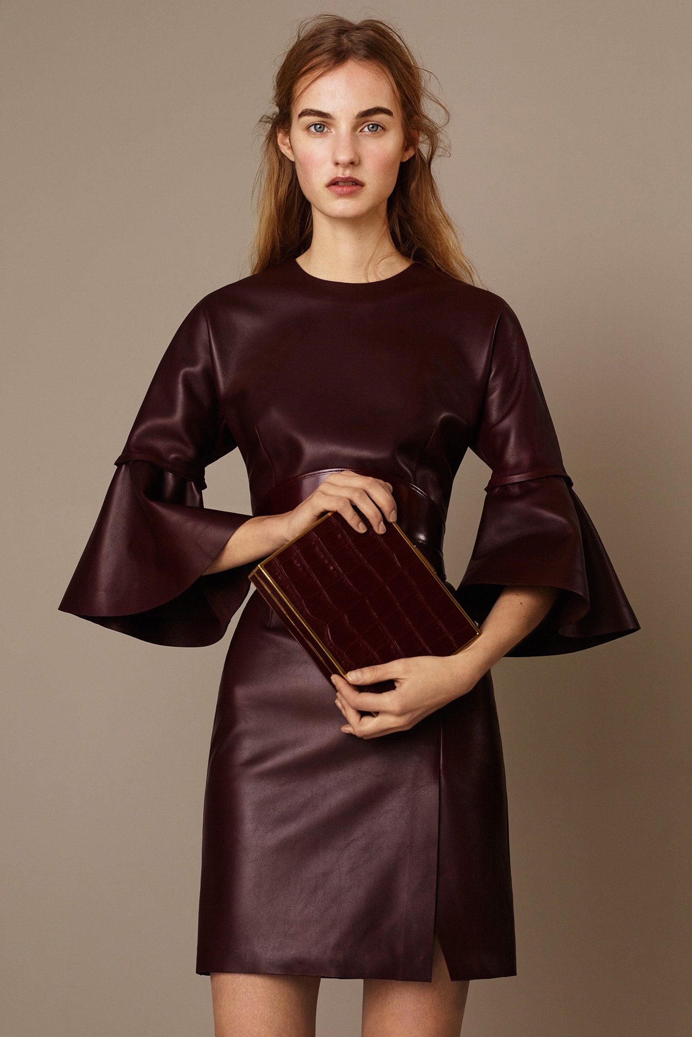 maroon leather long-sleeve high-neck fitted flared mini dress