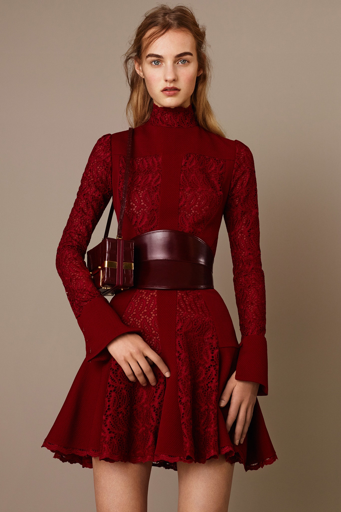 red lace long-sleeve high-neck fitted pleated embellished dress