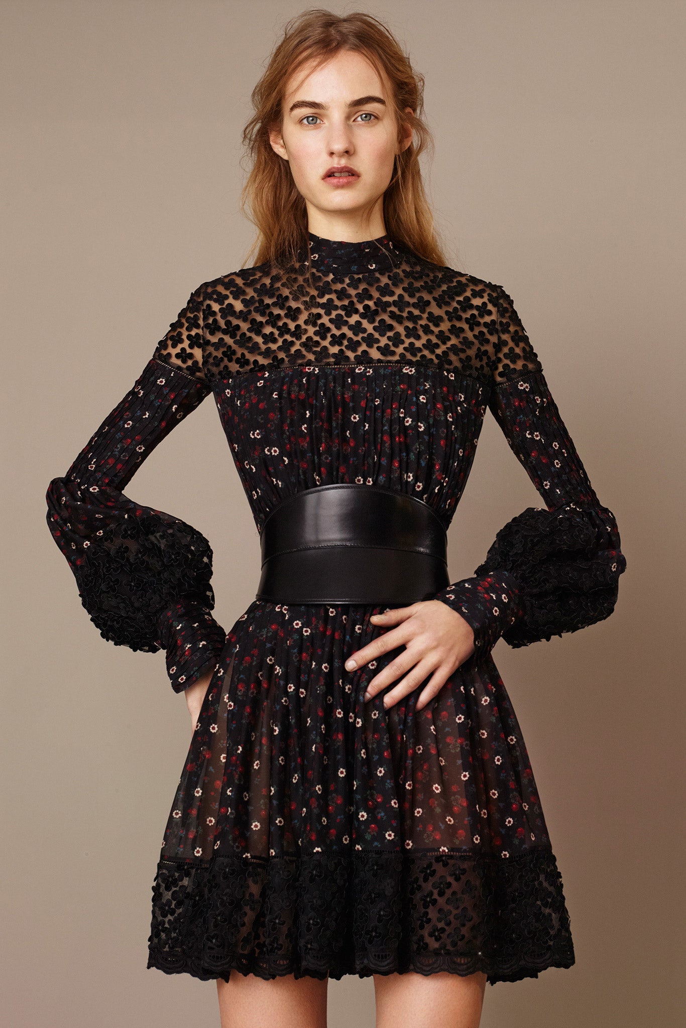 black silk long-sleeve high-neck fitted ruffled flared dress