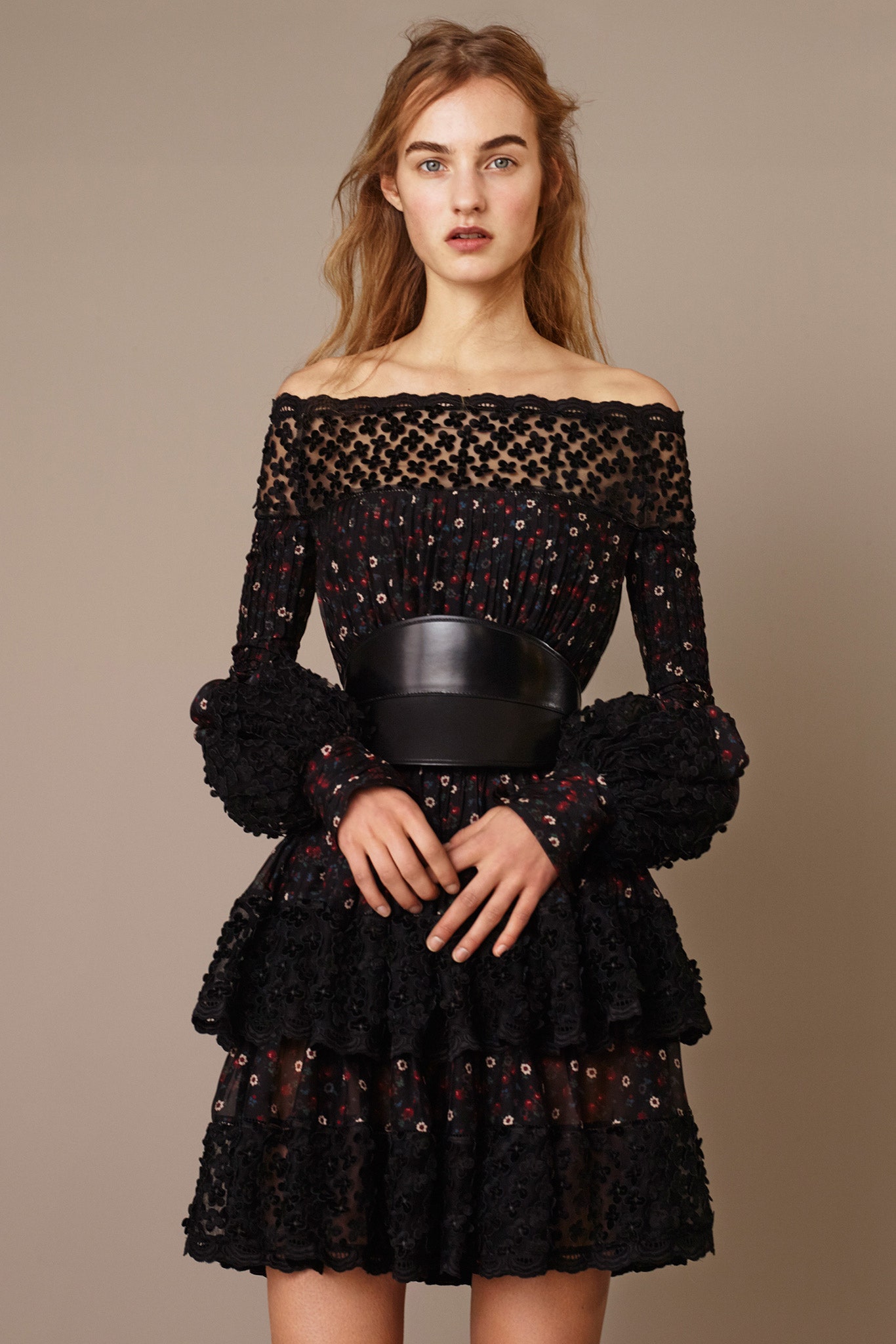 black lace long-sleeve off-shoulder fitted ruffled tiered dress